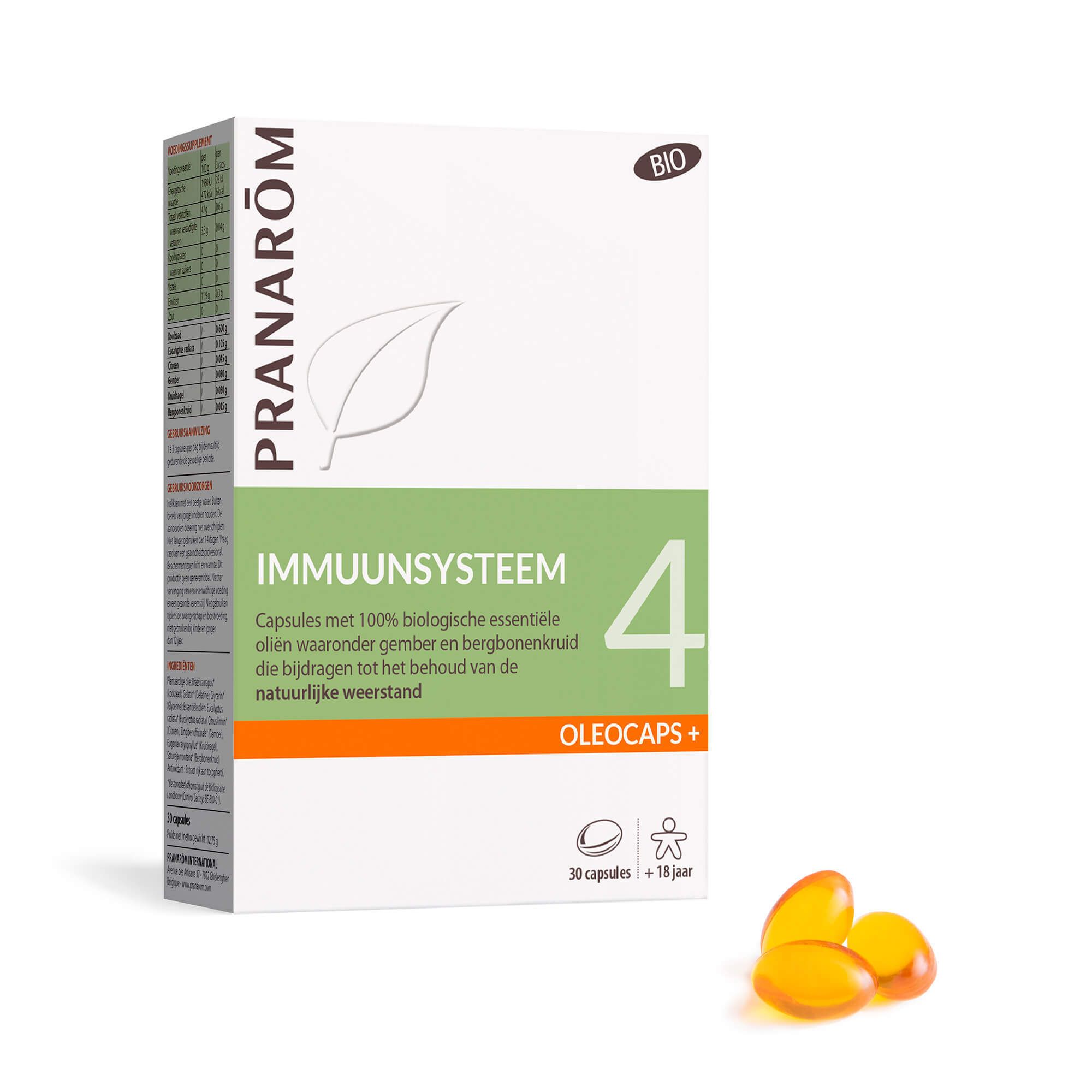 Doosje Pranarôm Immunsysteem 4, Oleocaps+ capsules. Bio-label. 30 capsules. Enkele capsules zichtbaar.