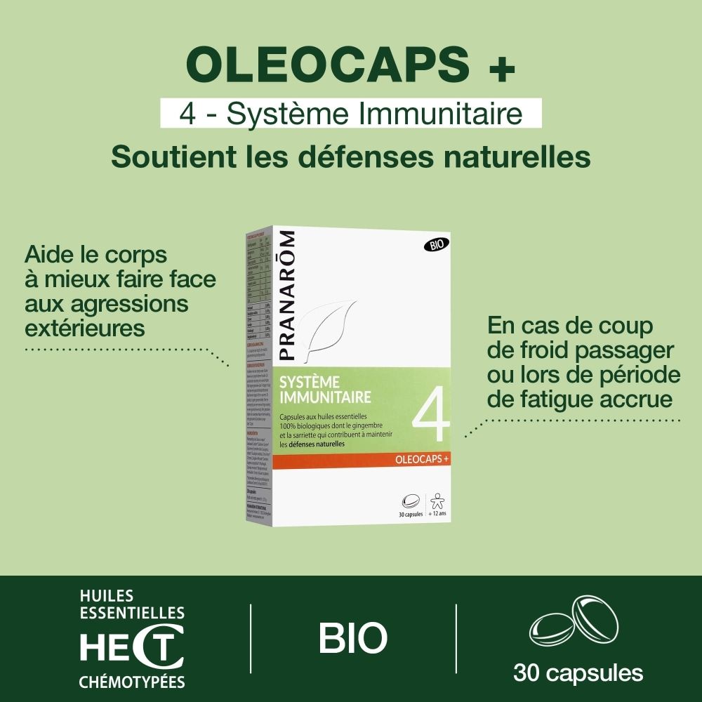 Boîte de gélules. Inscription: Système Immunitaire 4. Certification Bio. 30 gélules. Gélules jaunes à côté.