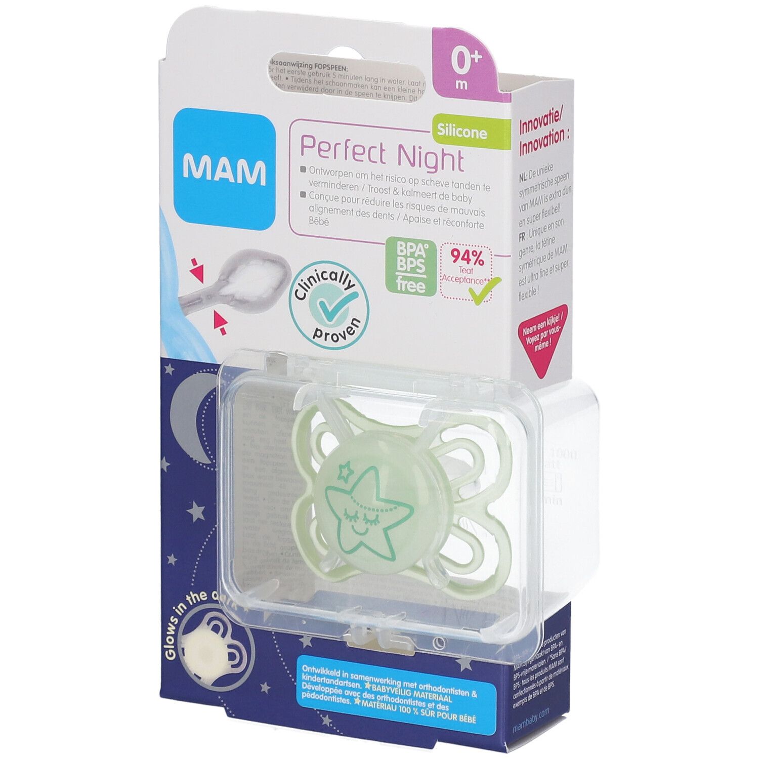 Sucette MAM Perfect Night en emballage. Tétine phosphorescente avec motif étoile. Sans BPA. 0-6 mois.