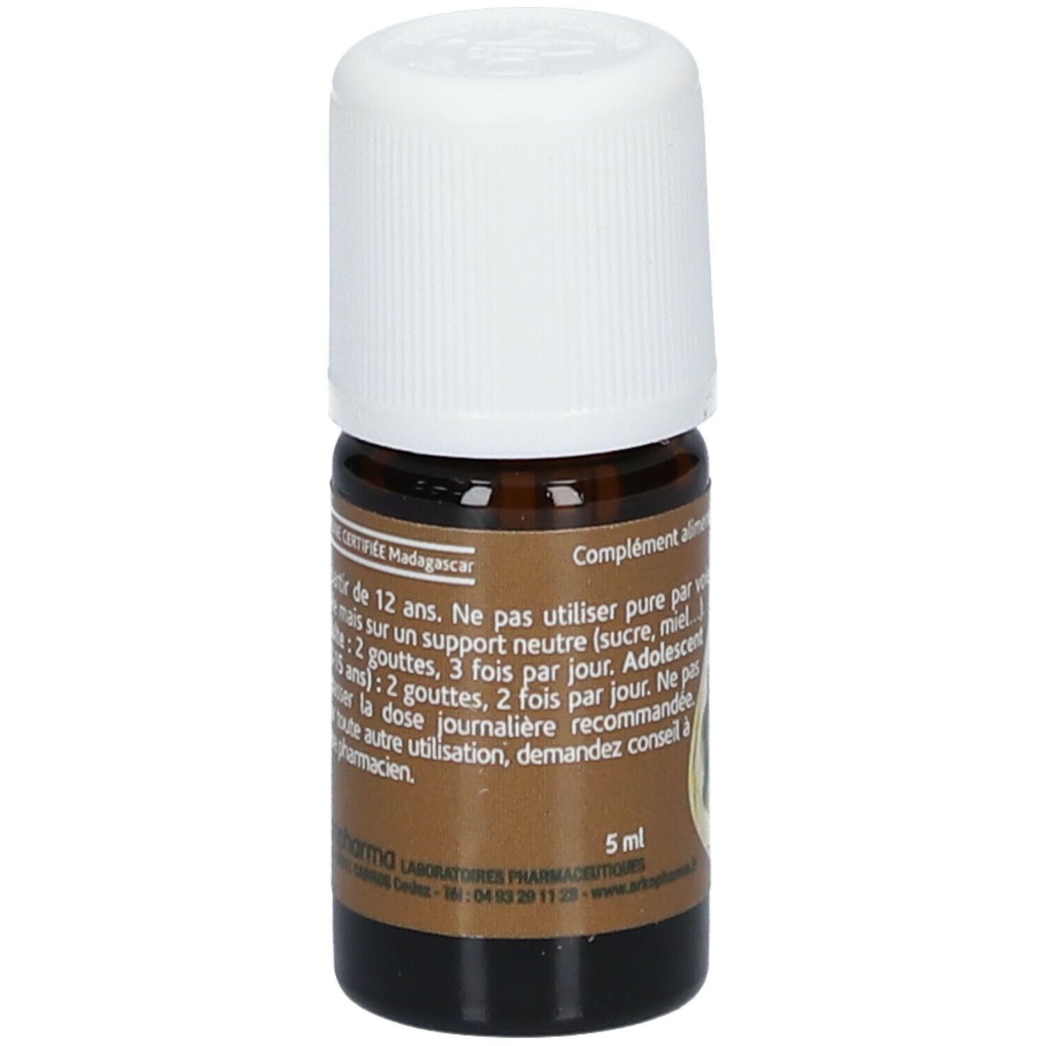 Bruine glazen fles met witte dop. Opschrift: Ravintsara BIO N°27 Huile essentielle. Merk: Arkopharma. Etiket.