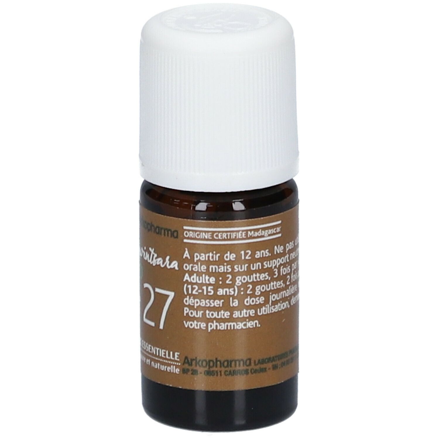 Bruine glazen fles met witte dop. Opschrift: Ravintsara BIO N°27 Huile essentielle. Merk: Arkopharma.