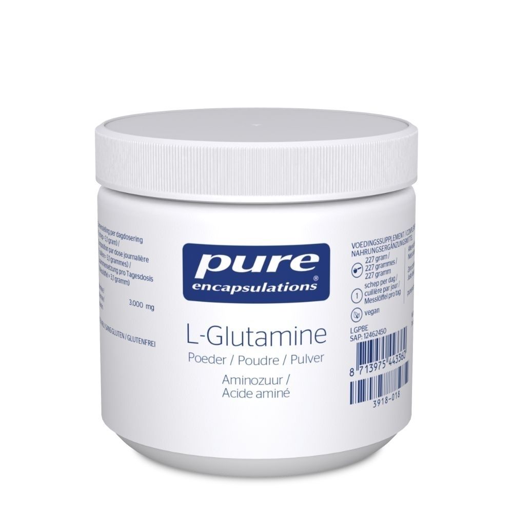 Wit supplementpoeder in pot. Opschrift: Pure Encapsulations, L-Glutamine Pulver. 227 g.