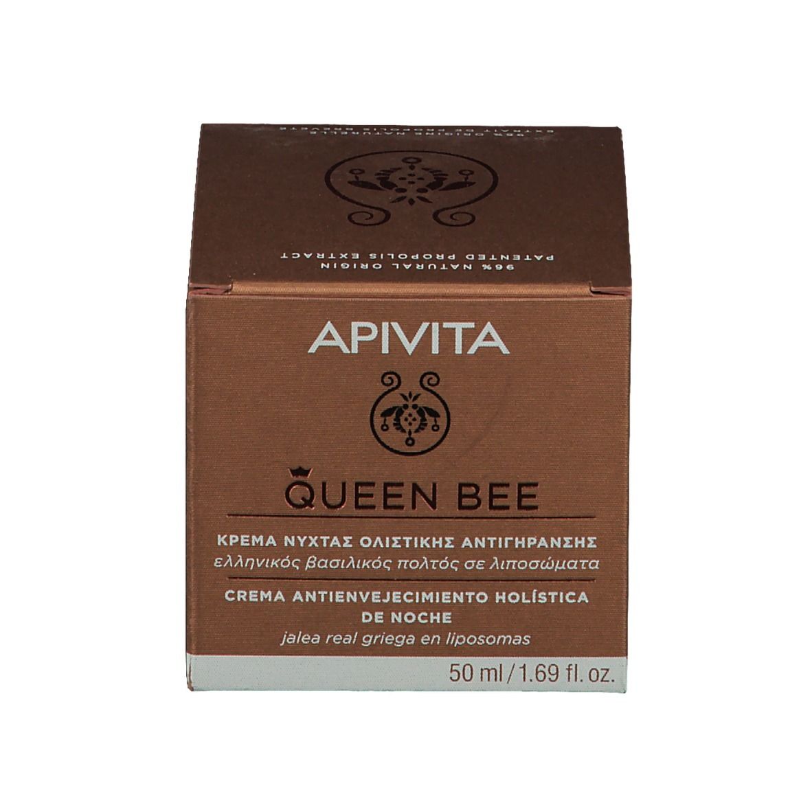 Emballage du produit brun. Inscription : APIVITA QUEEN BEE, Crème de nuit, 50 ml.