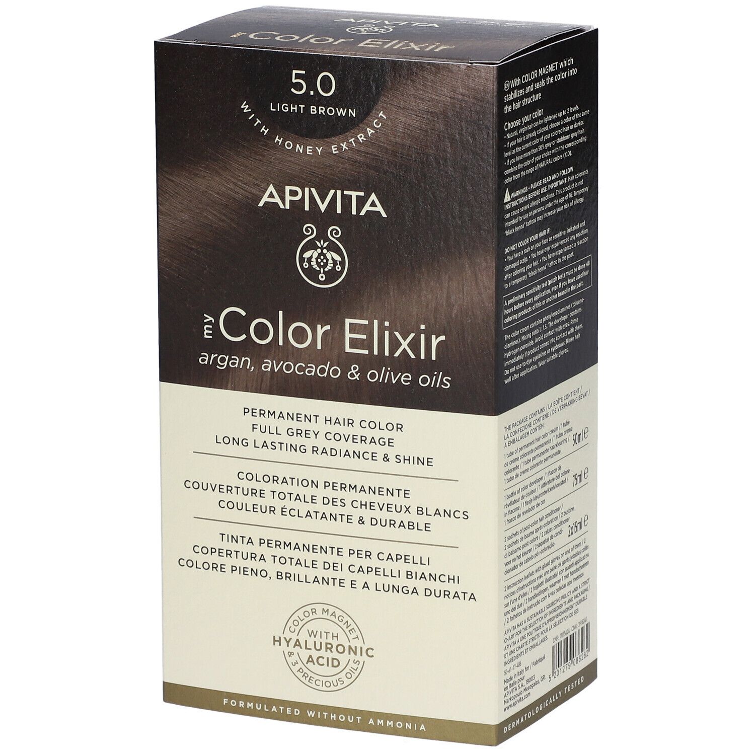 API VITA Color Elixir permanente haarkleur 5.0 Lichtbruin met honingextract, argan-, avocado- en olijfolie.