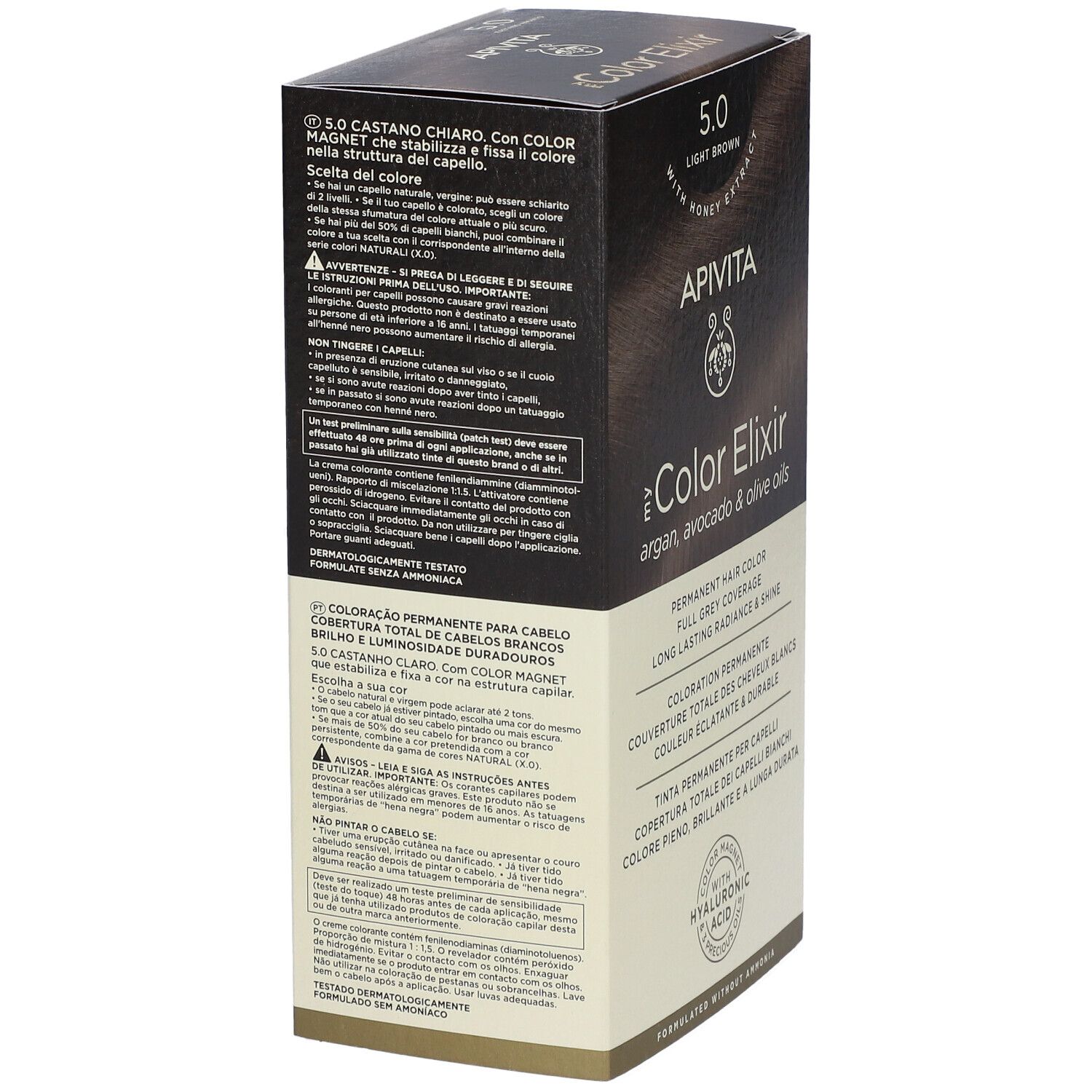 Apivita Color Elixir Haarkleuring, Lichtbruin 5.0, met argan-, avocado- en olijfolie.