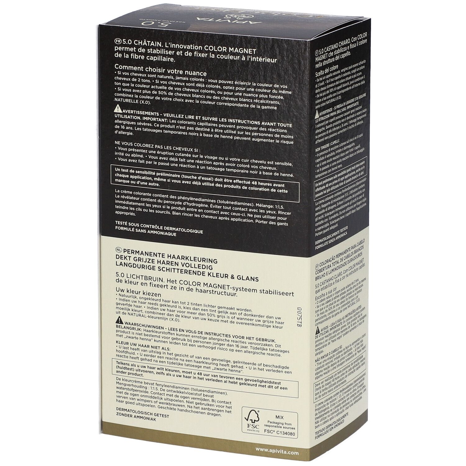 Verpakking permanente haarkleuring 5.0 Lichtbruin met Color Magnet Systeem voor glans.