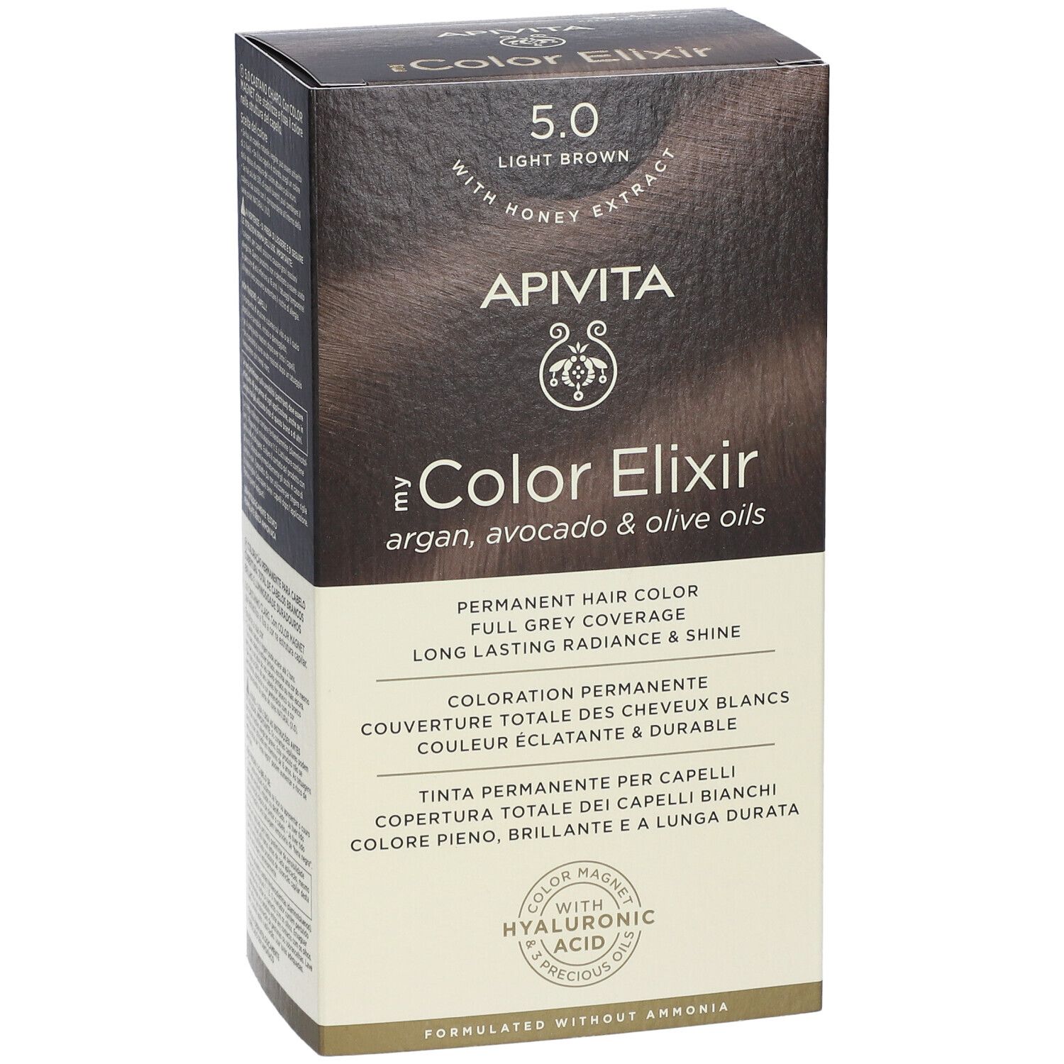 APIVITA Color Elixir permanente haarkleur, 5.0 Lichtbruin, met argan-, avocado- en olijfolie.
