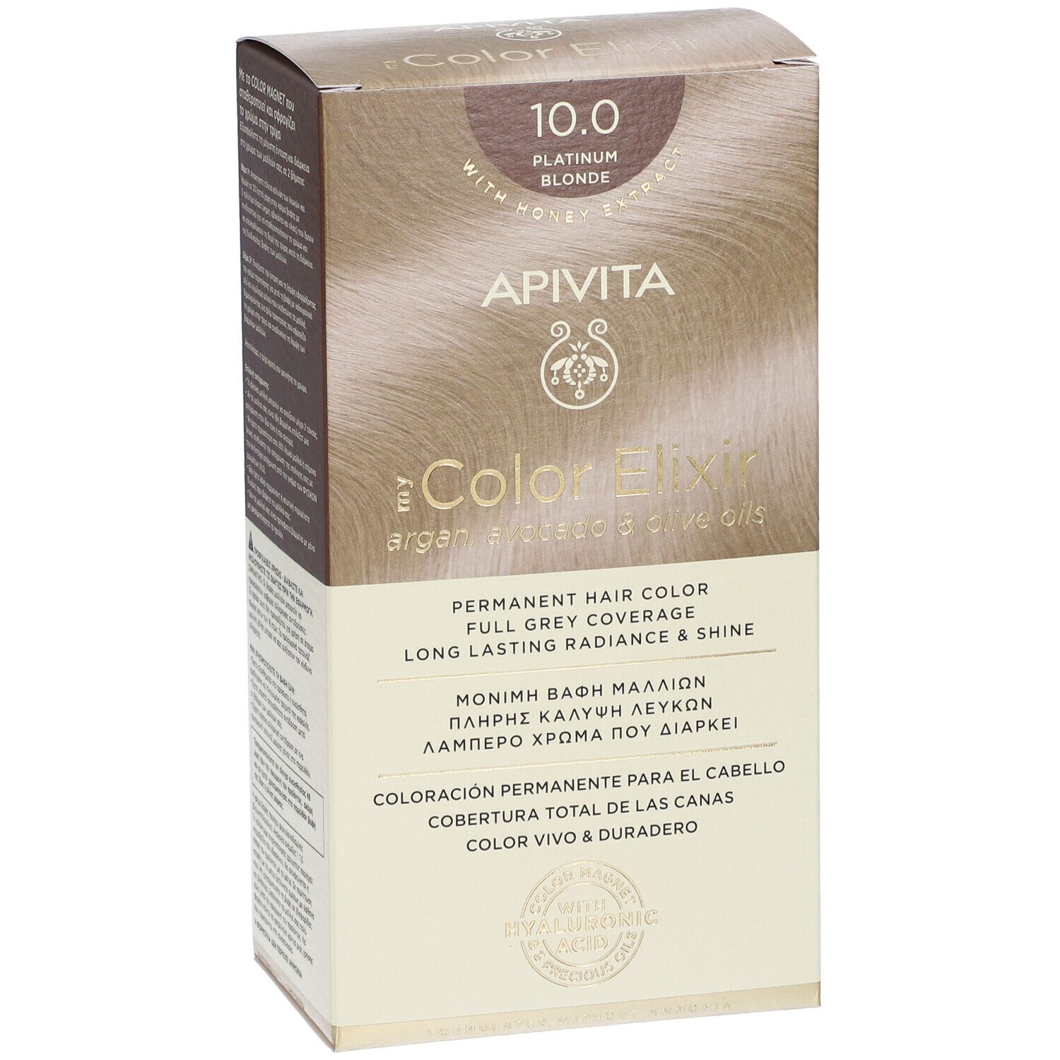 APIVITA My Color Elixir 10.0 Blond platine. Boîte de coloration avec accessoires. Crème colorante, révélateur, conditionneur.