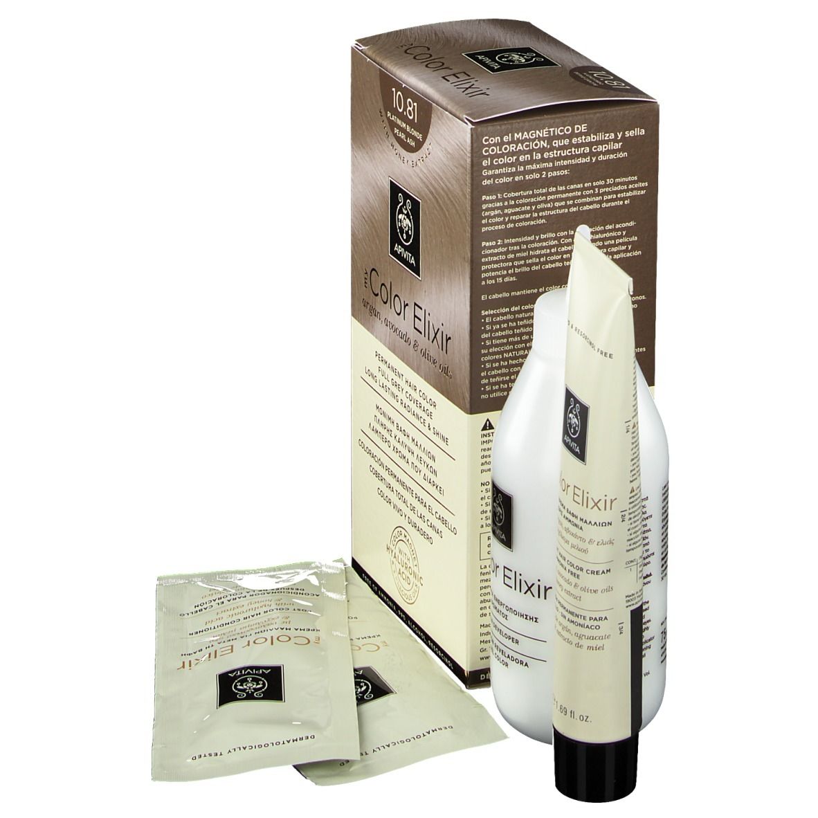 APIVITA iColor Elixir 10.81 permanente haarkleur. Doos, fles, tube en zakjes. Informatie over gebruik en ingrediënten.