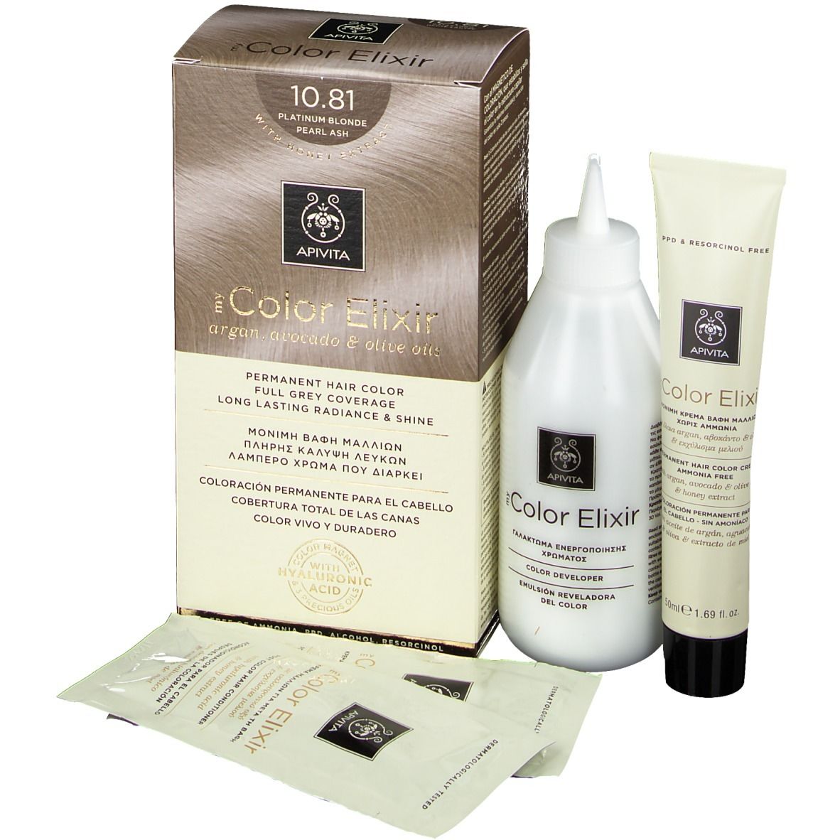 APIVITA iColor Elixir 10.81 permanente haarkleur. Doos, fles, tube en zakjes. Bevat hyaluronzuur.