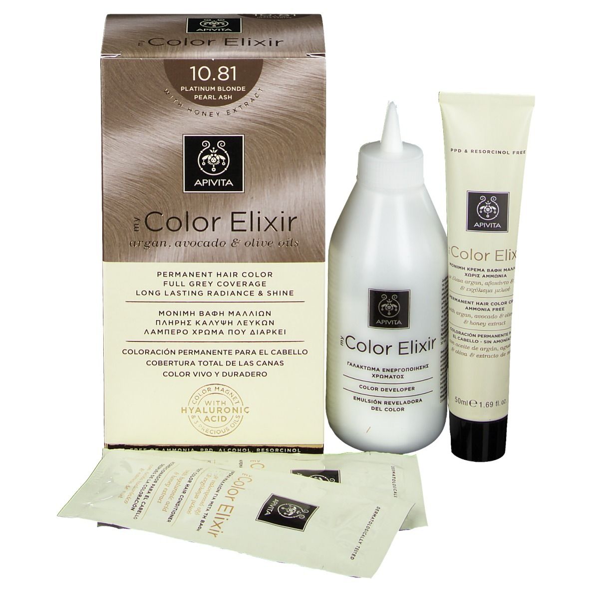 APIVITA iColor Elixir 10.81 permanente haarkleur. Doos, fles, tube en zakjes. Bevat hyaluronzuur.