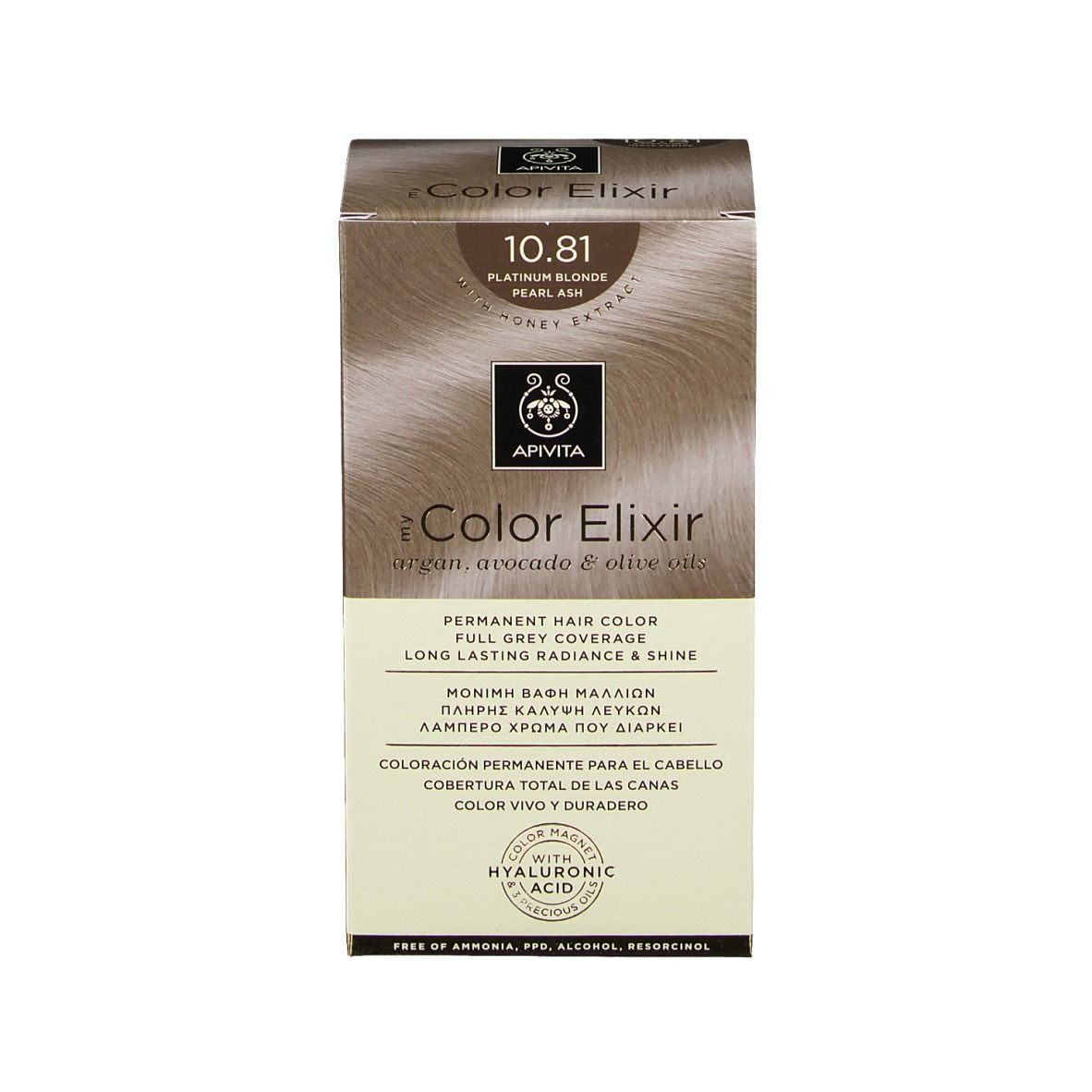 Doos van APIVITA iColor Elixir haarkleur 10.81. Productinformatie. Permanente haarkleur met hyaluronzuur.