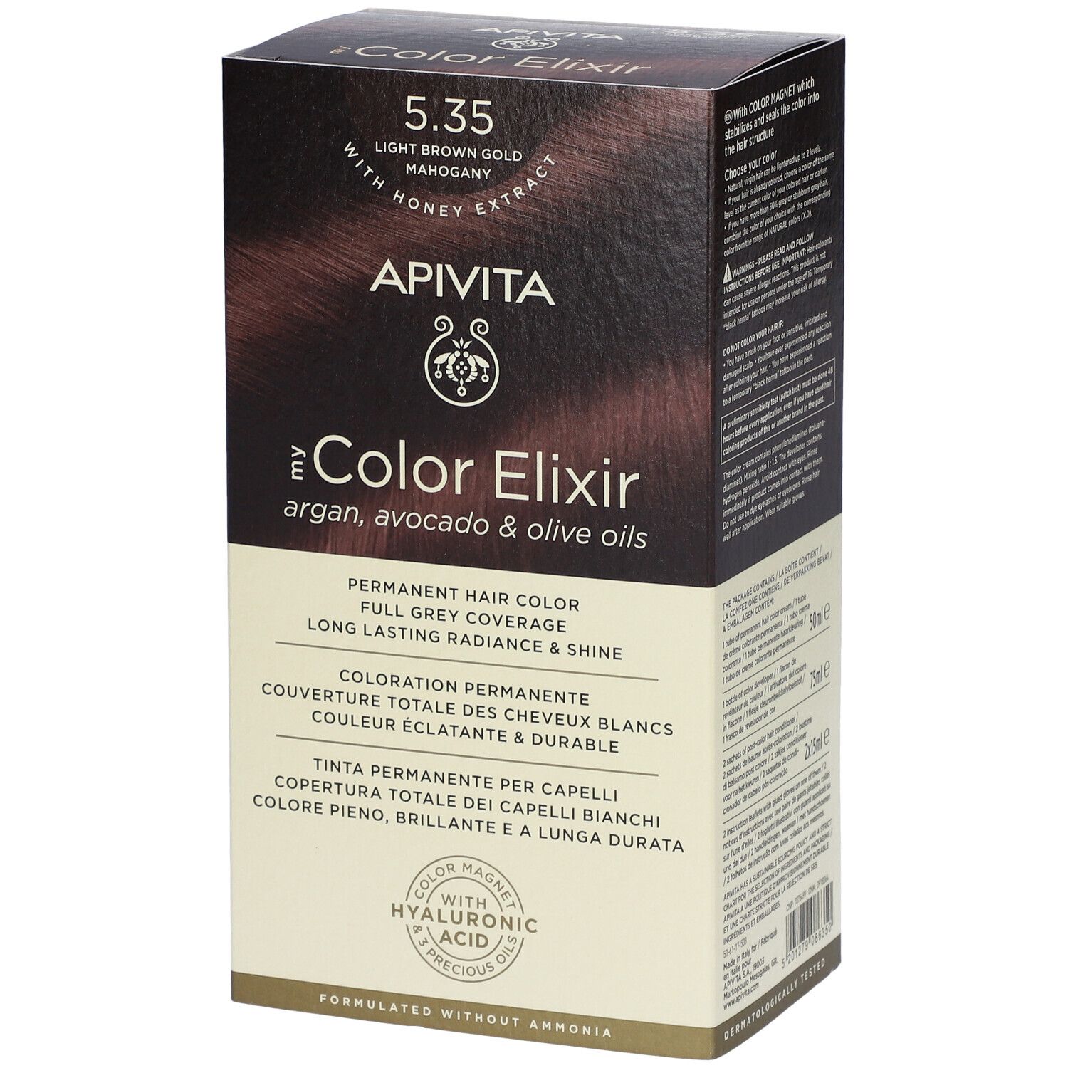 Boîte de coloration permanente Apivita Color Elixir 5.35 Blond doré acajou clair avec extrait de miel, huiles d'argan, d'avocat et d'olive.