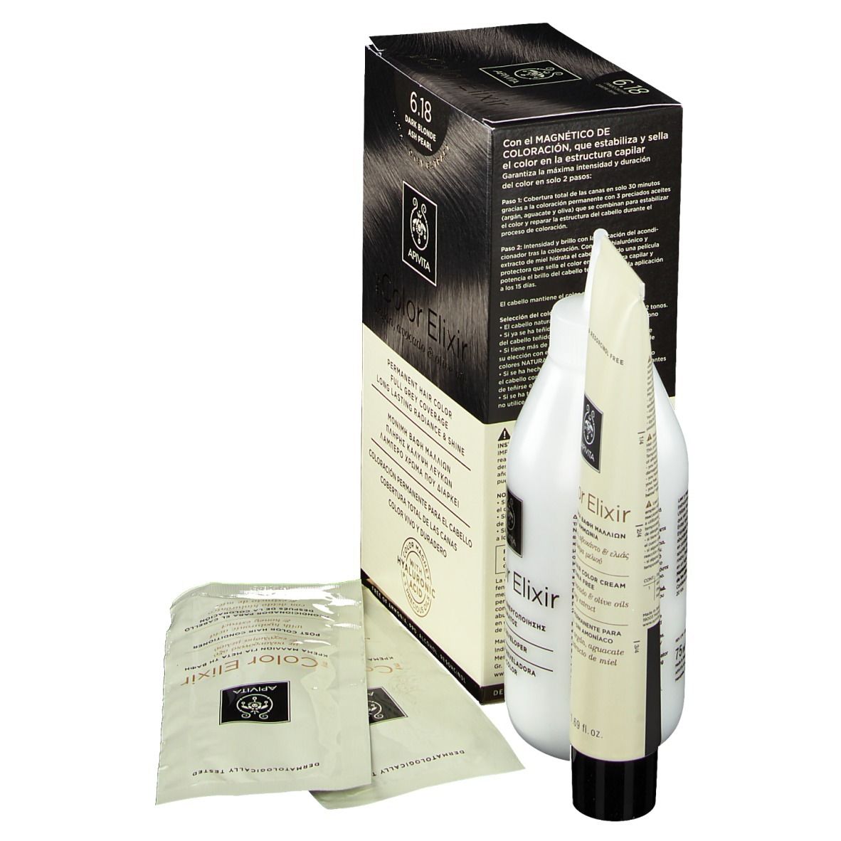 Haarkleuringsset. Bevat doos, fles, tube en zakjes. Op de doos staat "6.18 Donkerblond".