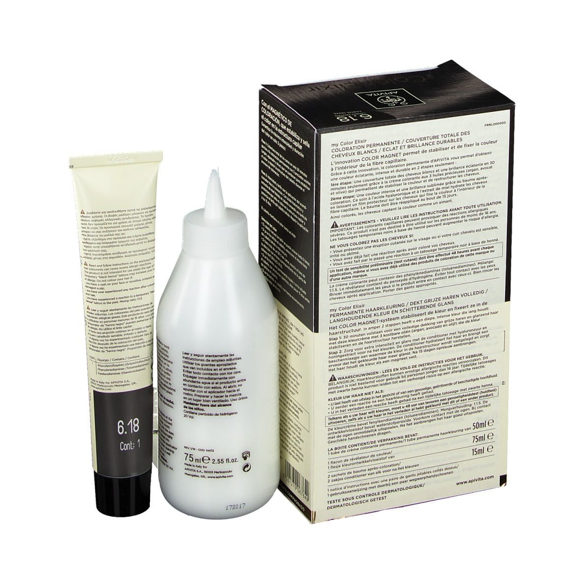 Haarkleuringsset. Bevat doos, fles en tube. Op de tube staat "6.18". Tekst op de achterkant van de doos.