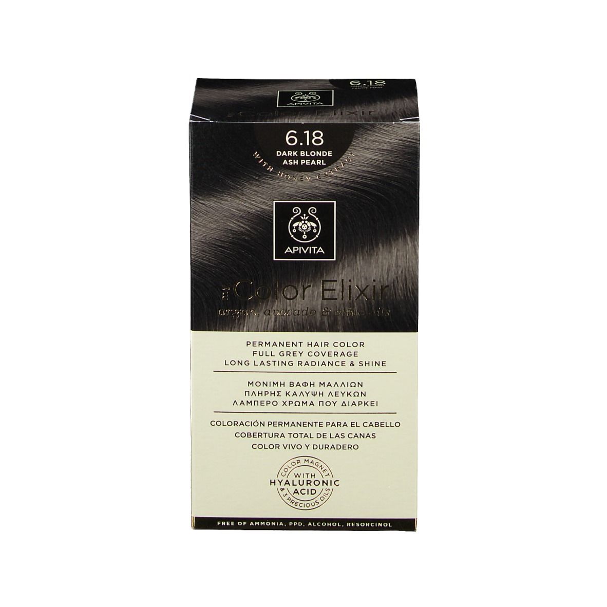 Haarkleuringsdoos. Op de doos staat "6.18 Donkerblond".
