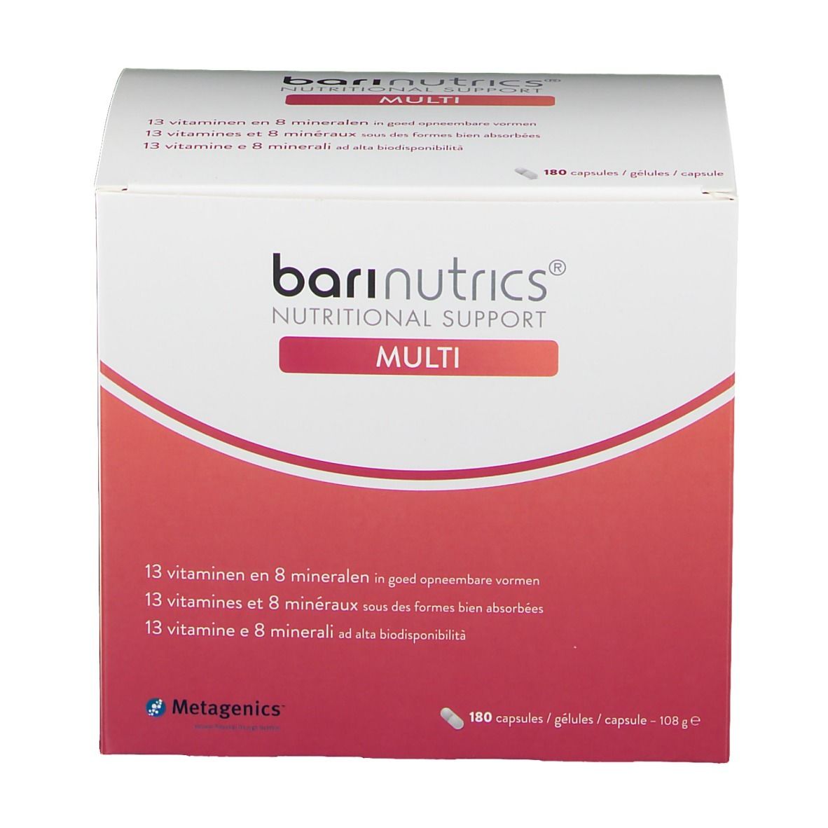 Boîte BariNutrics Multi. Carton blanc avec bande rouge. Texte : '13 vitamines et 8 minéraux'.