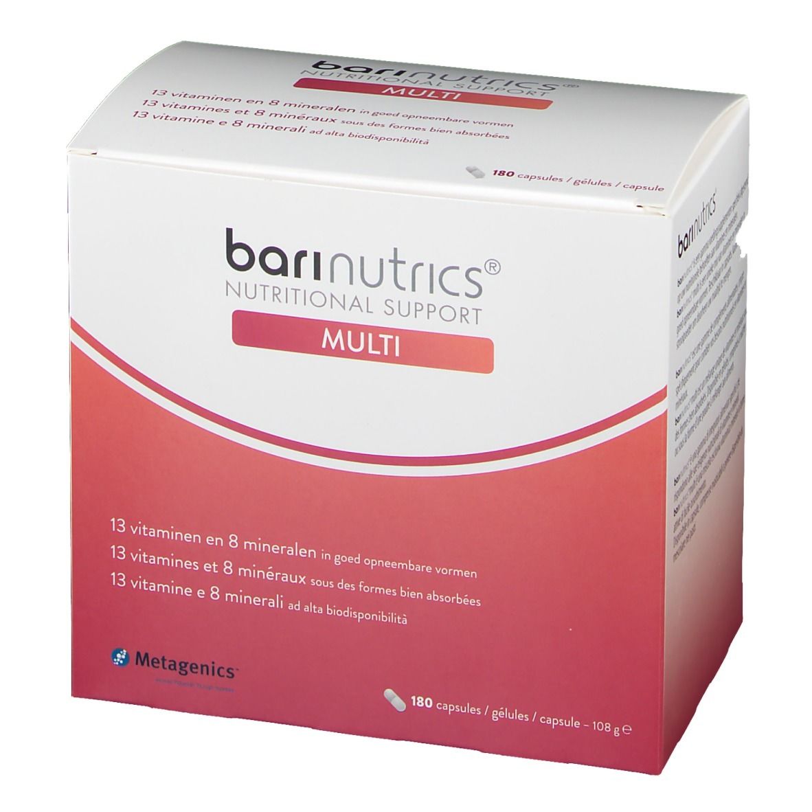 Boîte BariNutrics Multi en biais. Carton blanc avec bande rouge. Texte : '13 vitamines et 8 minéraux'.