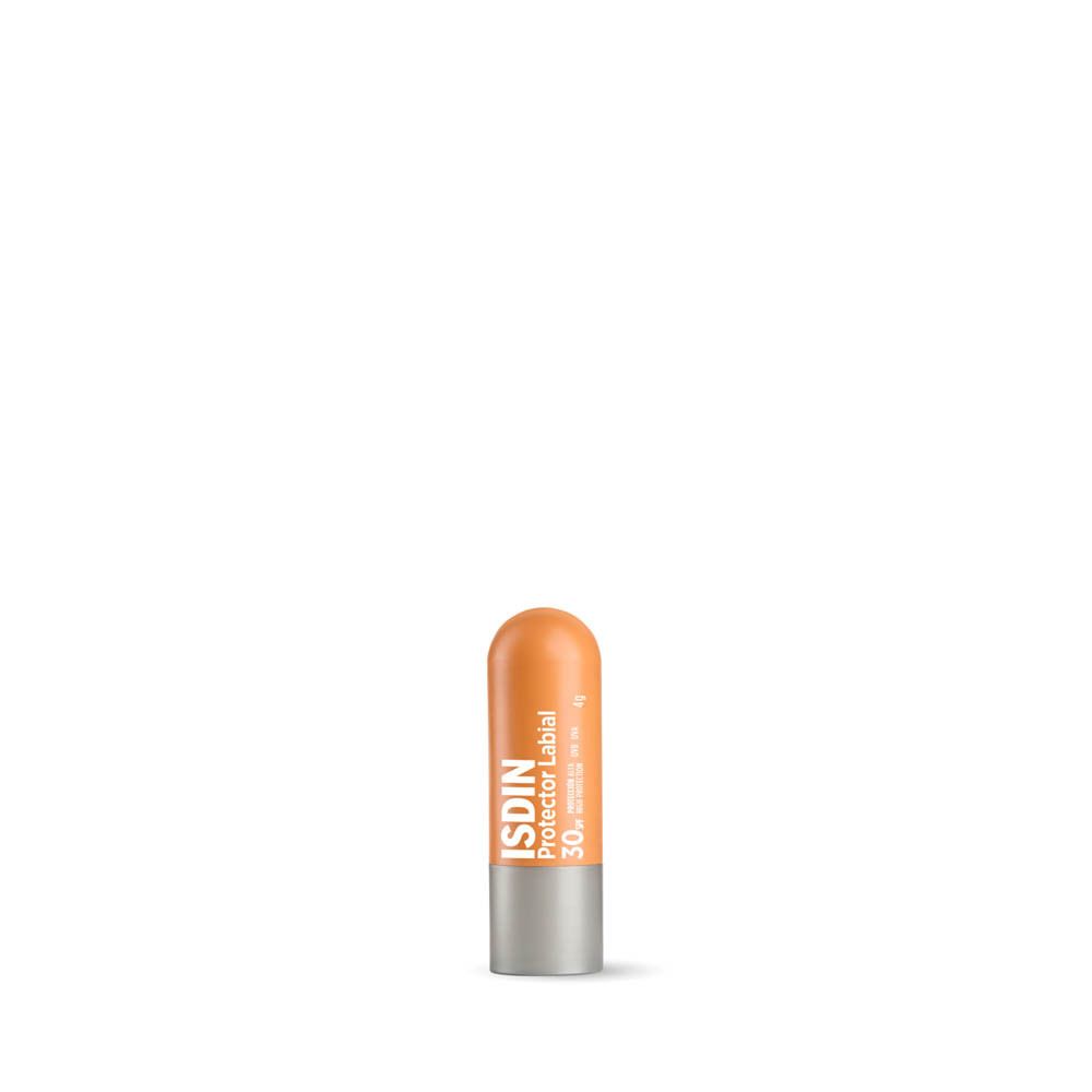Lipbeschermingsstick ISDIN Protector Labial 30. Oranje en zilver. Tekst op de stick.
