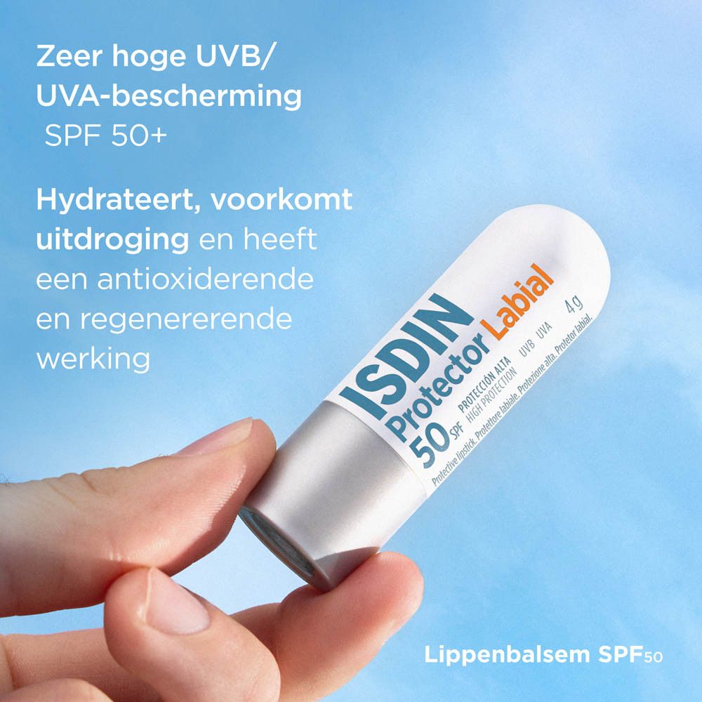 Stick lèvres ISDIN Protector Labial SPF 50+. Texte : Très haute protection UVB/UVA SPF 50+. Hydrate, prévient le dessèchement.