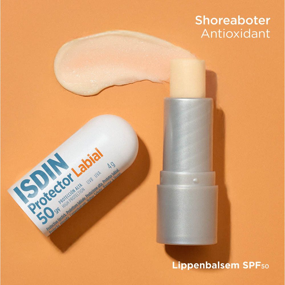 Baume à lèvres ISDIN Protector Labial SPF 50+ et goutte. Texte : Beurre de karité. Antioxydant. Stick lèvres SPF50.