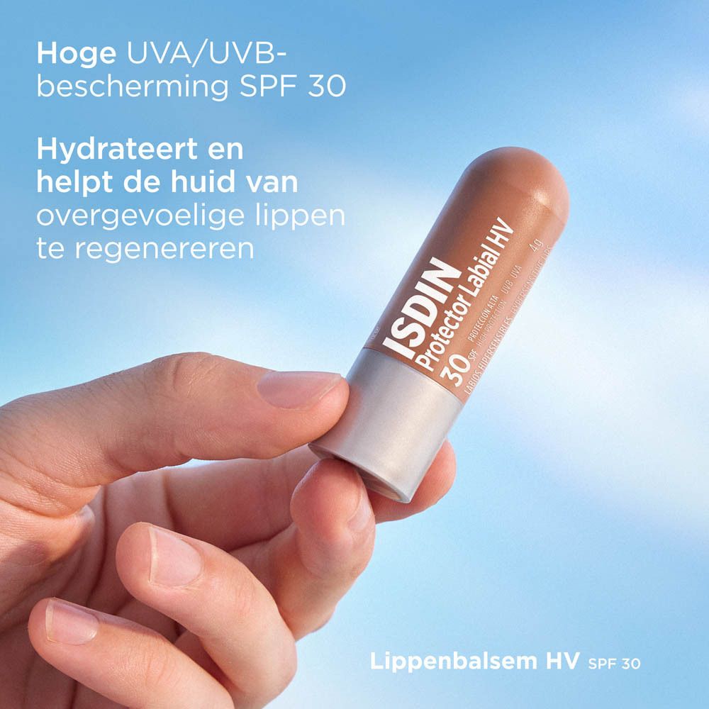 Lipverzorgingsstick. Zilveren huls, bruine dop. ISDIN Protector Labial HV 30.