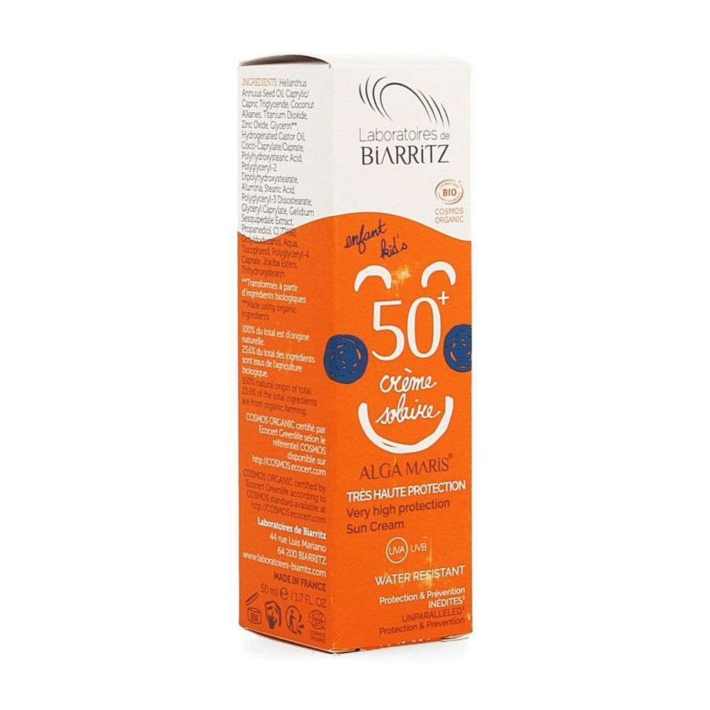 Emballage carton de crème solaire. Orange avec SPF50+ et nom du produit. Label: Laboratoires de Biarritz. Certification bio.