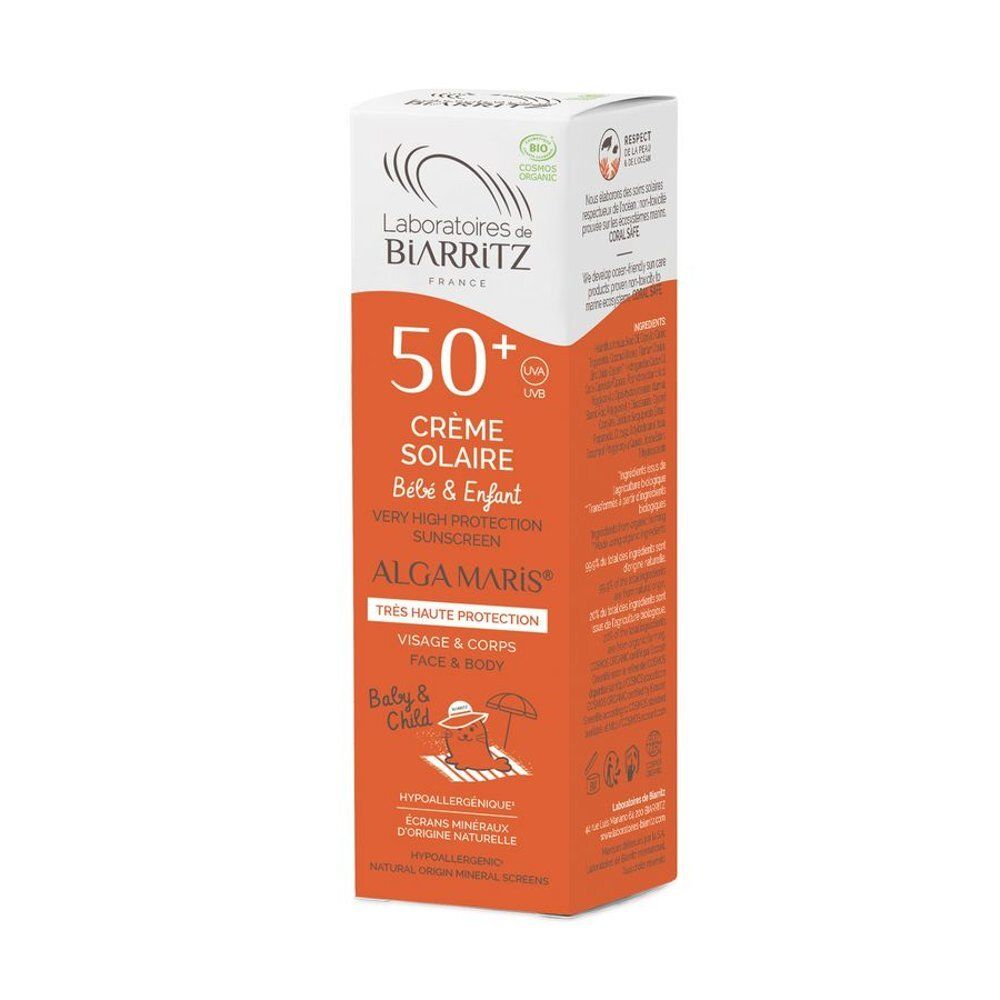 Emballage carton de crème solaire. Orange avec SPF50+ et nom du produit. Label: Laboratoires de Biarritz. Certification bio.