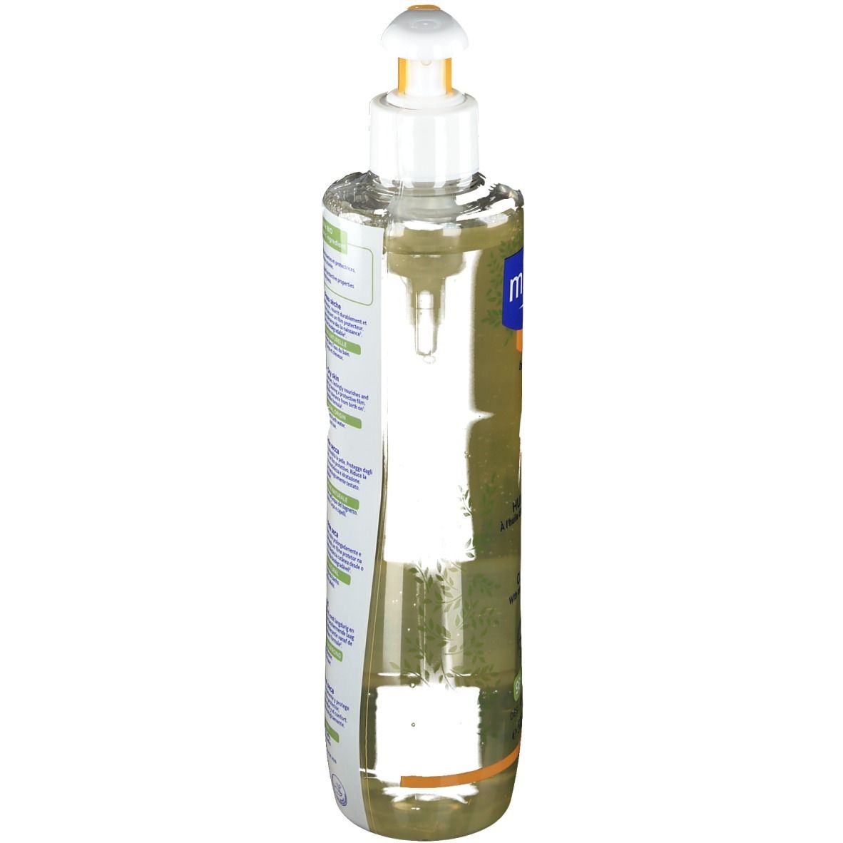Flacon d'huile lavante Mustela, vue latérale. Flacon transparent avec liquide jaunâtre. Inscriptions sur le flacon.