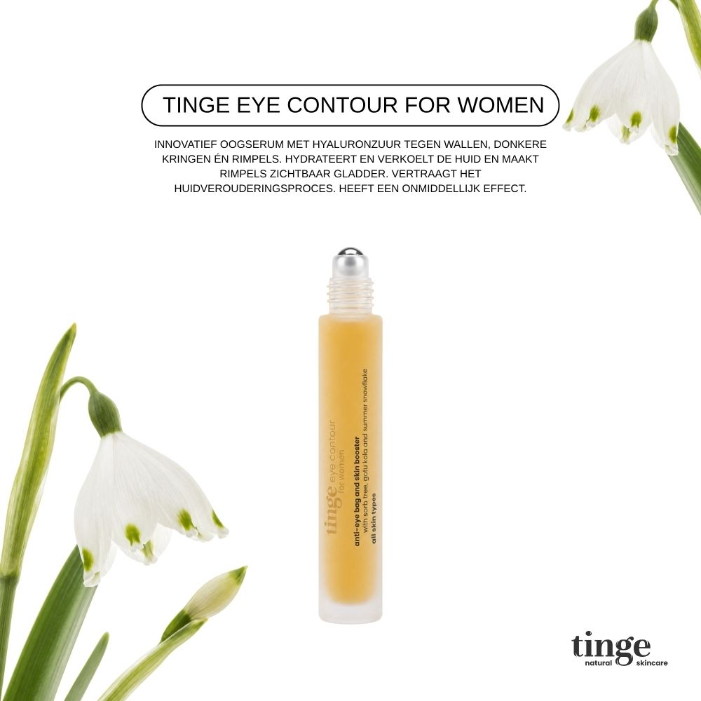 Tinge Eye Contour for women omdoos, zijkant met ingrediënten.