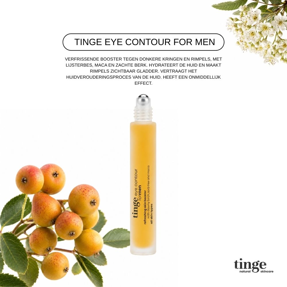 Tinge Eye Contour for Men Roller. Verfrissende huidbooster met berk, lijsterbes en maca.