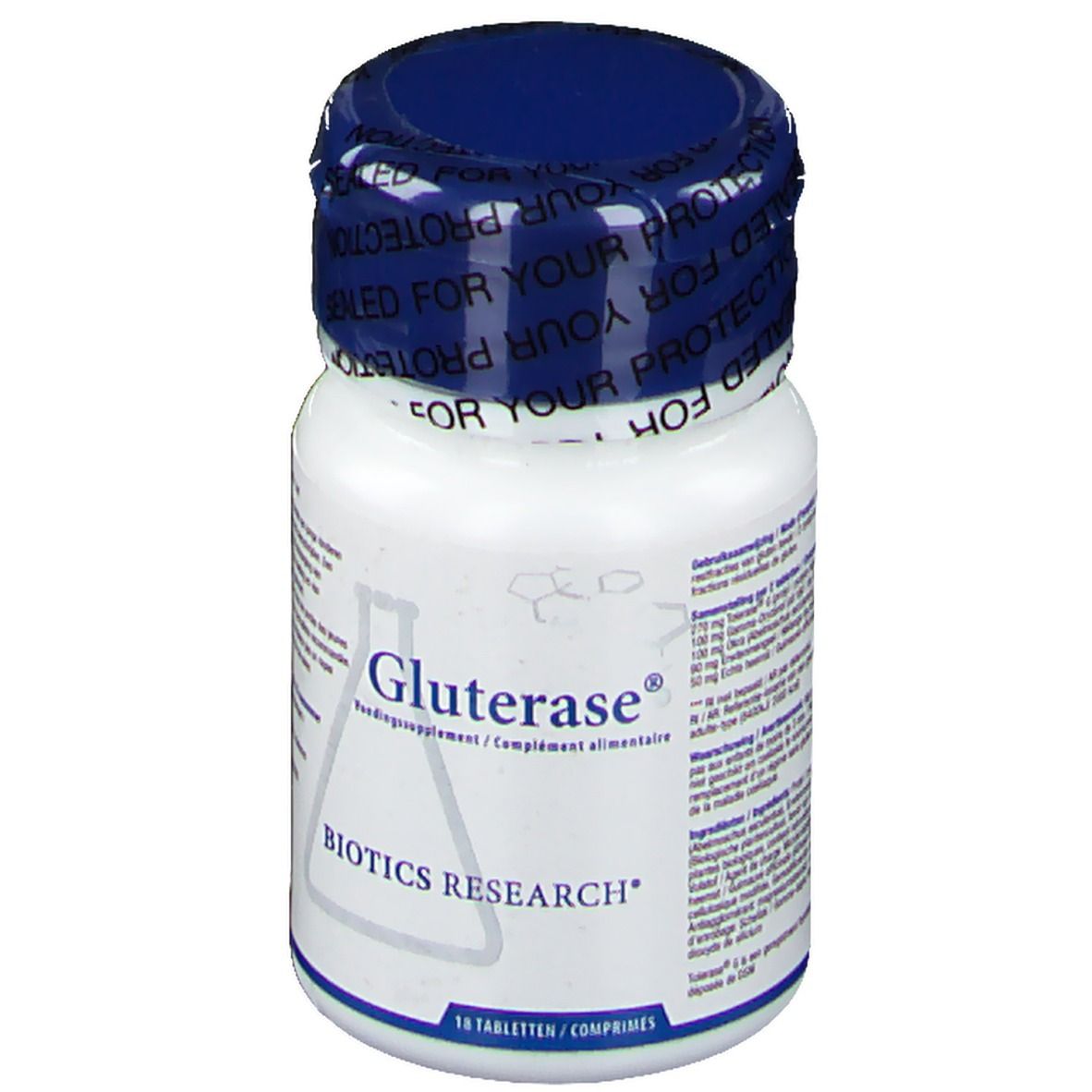 Witte fles met blauwe dop. Opschrift Gluterase en Biotics Research. Verzegeling met tekst.