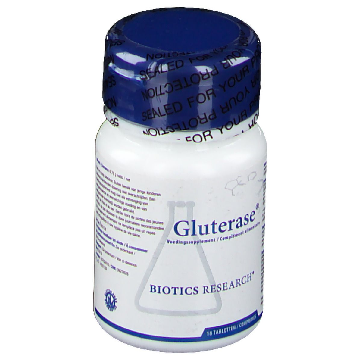 Witte fles met blauwe dop. Opschrift Gluterase en Biotics Research. Verzegeling met tekst.