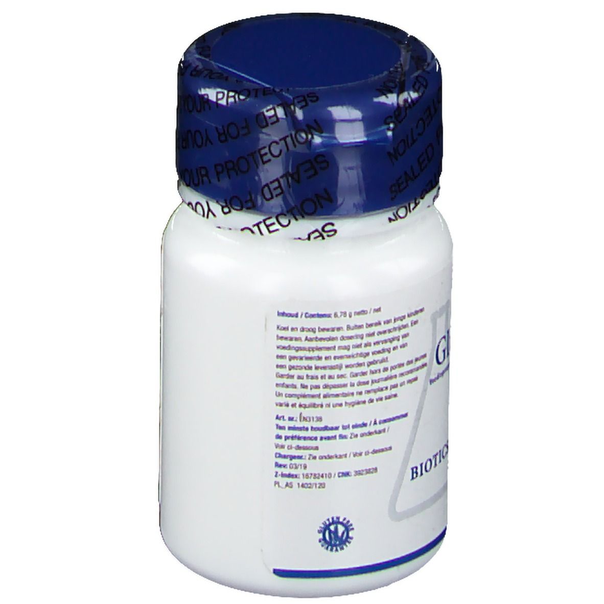 Witte fles met blauwe dop. Opschrift Gluterase en Biotics Research. Verzegeling met tekst.