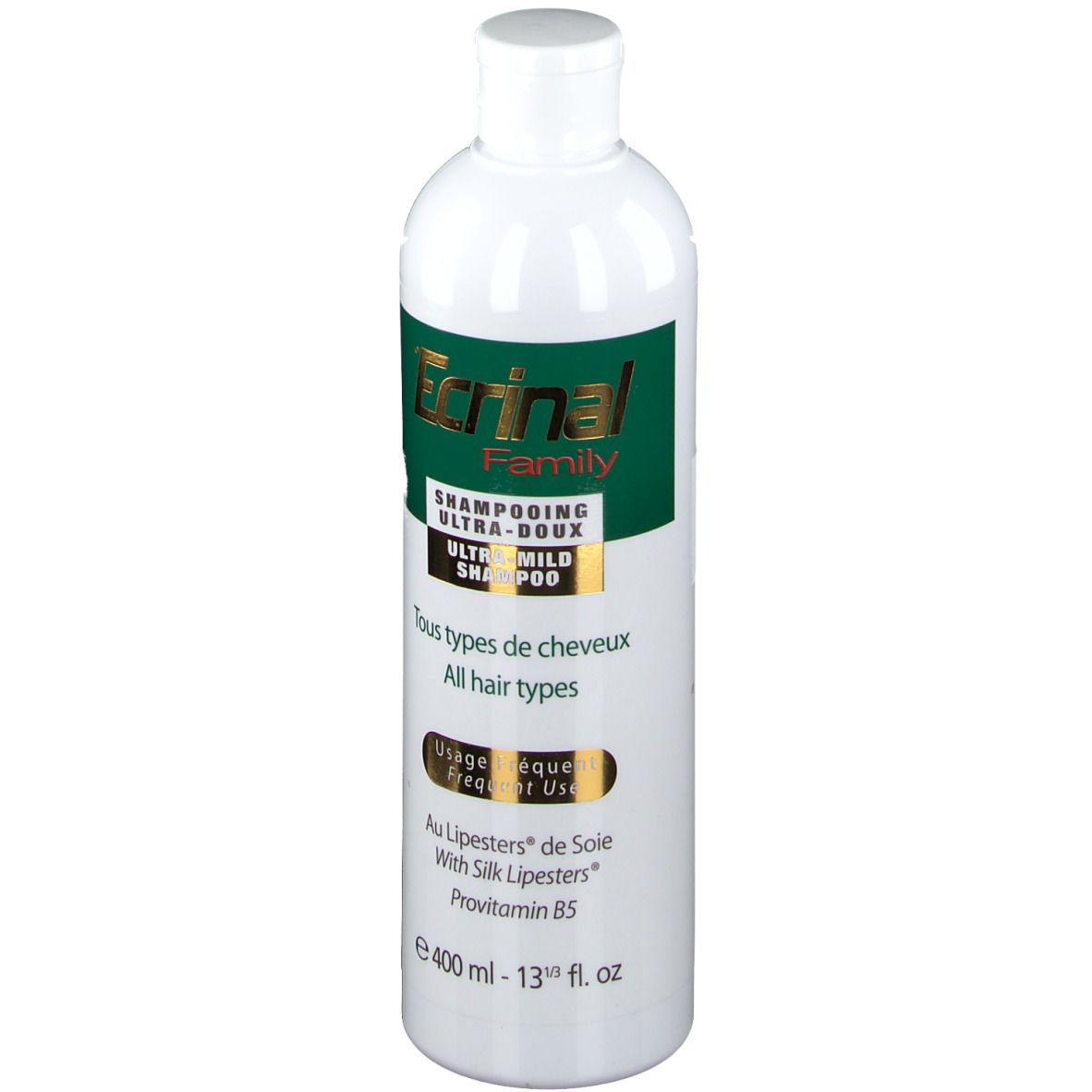 Flacon blanc avec étiquette verte. Ecrinal Family Shampoo. Texte: Ultra-doux, Tous types de cheveux, Usage fréquent.