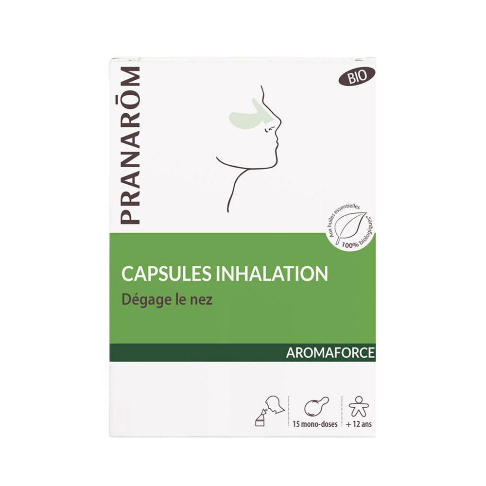 Doosje Pranarôm Aromaforce Inhalatiecapsules Bio. Opschrift: Capsules Inhalation, Dégage le nez. 15 mono-doses.