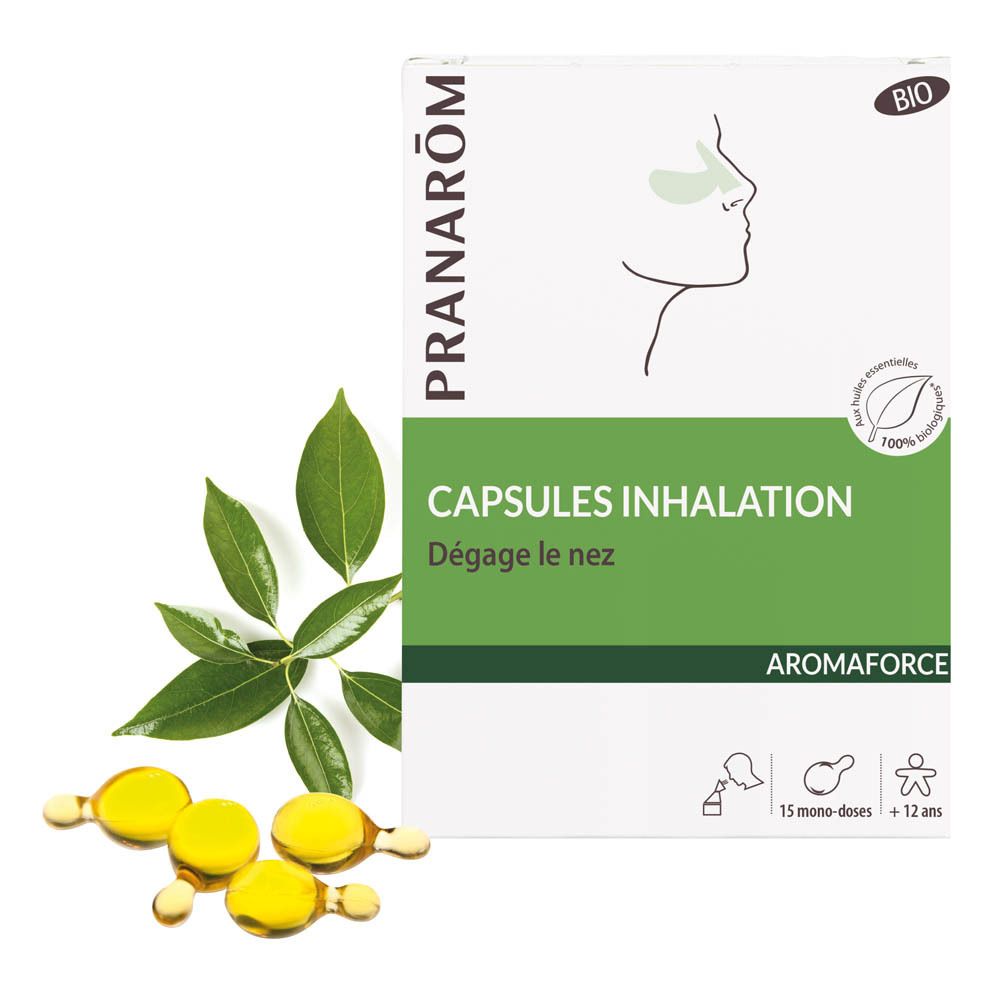 Doosje Pranarôm Aromaforce Inhalatiecapsules Bio. Opschrift: Capsules Inhalation, Dégage le nez. 15 mono-doses. Capsules ernaast.