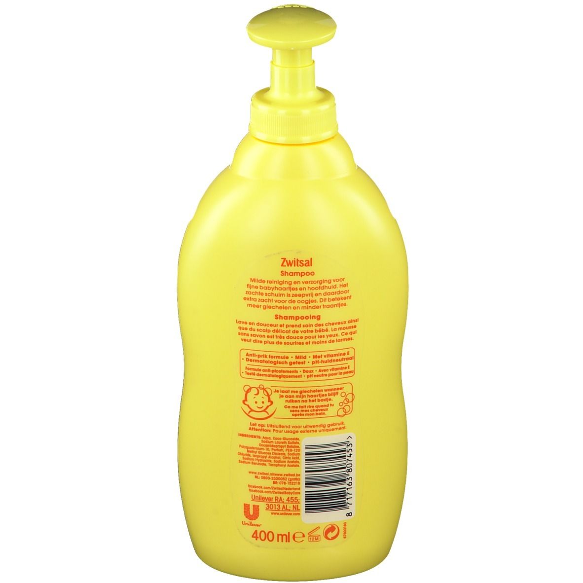 Gele Zwitsal baby shampoo fles met pomp. Tekst in het Nederlands en Frans. 400 ml.