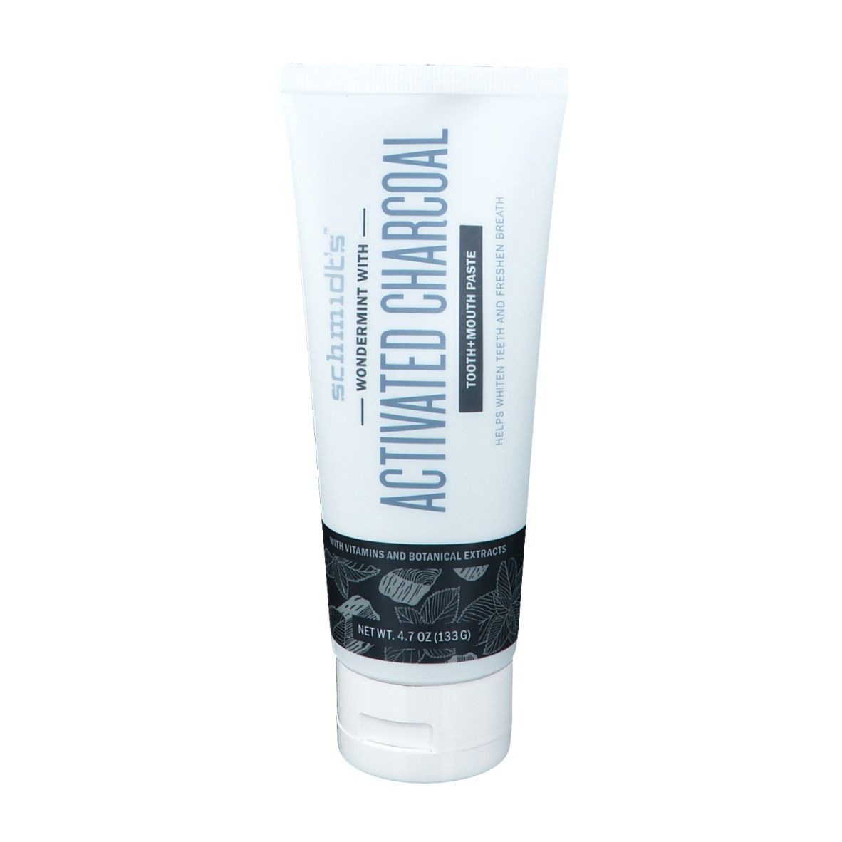 Tandpastatube met actieve kool. Opschrift: Activated Charcoal, helpt tanden witter te maken en adem te verfrissen.