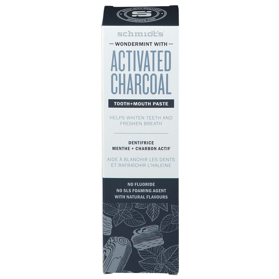 Verpakking van de tandpasta. Opschrift: Activated Charcoal, helpt tanden witter te maken en adem te verfrissen. Zonder fluoride.