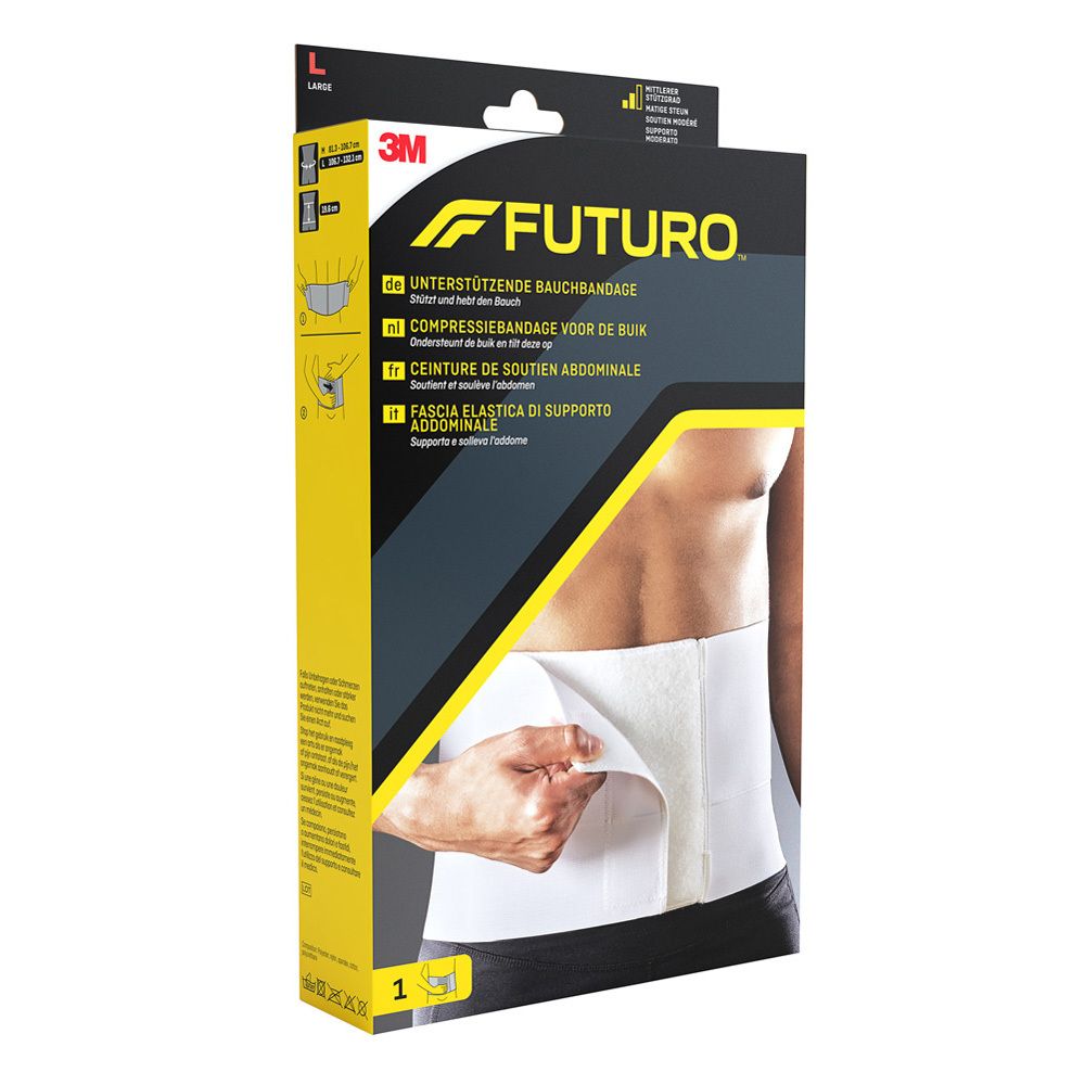 FUTURO buikband, wit, met klittenbandsluiting. FUTURO en 3M staan op de verpakking.