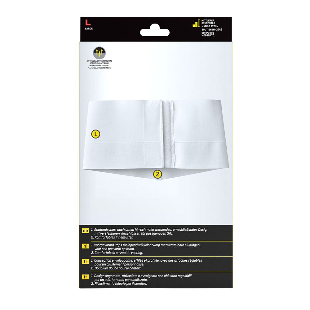 Dos de la ceinture abdominale FUTURO. Blanche, fermeture velcro. Deux zones numérotées.