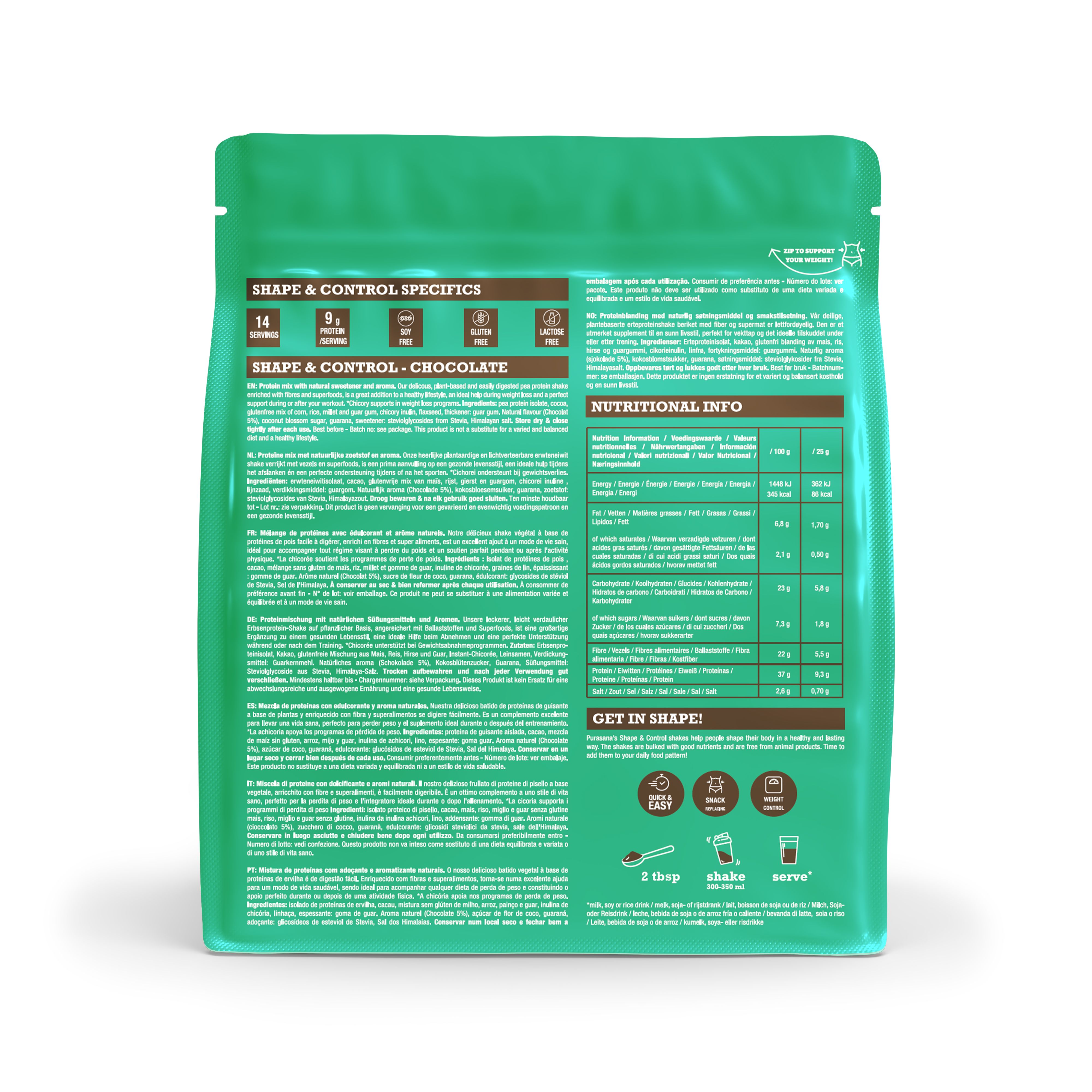 Achterkant van een Purasana Shape & Control Proteineshake Chocolade blik met tekst en voedingswaarden.