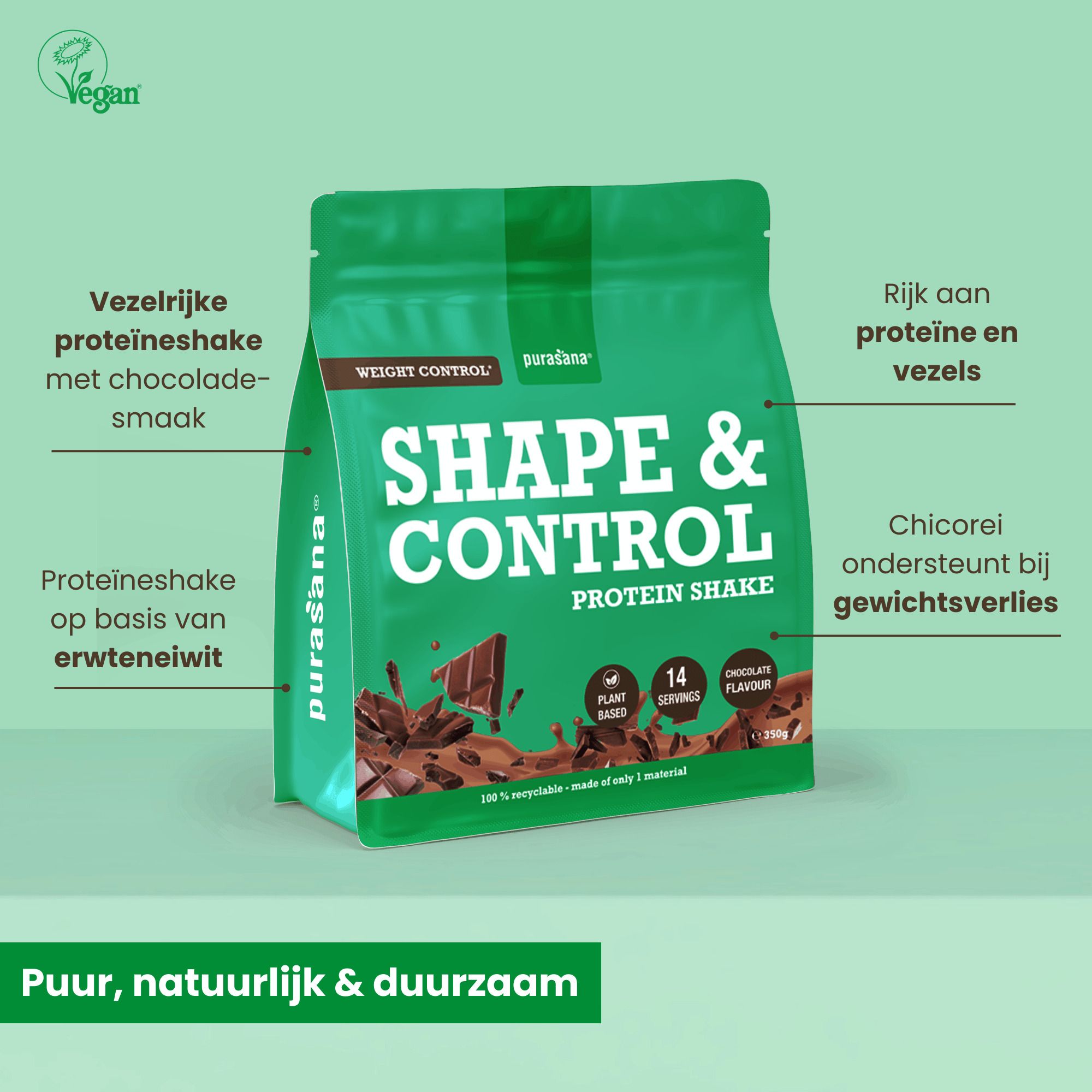 Zijkant van een Purasana Shape & Control Proteineshake Chocolade blik met iconen en voedingswaarden.