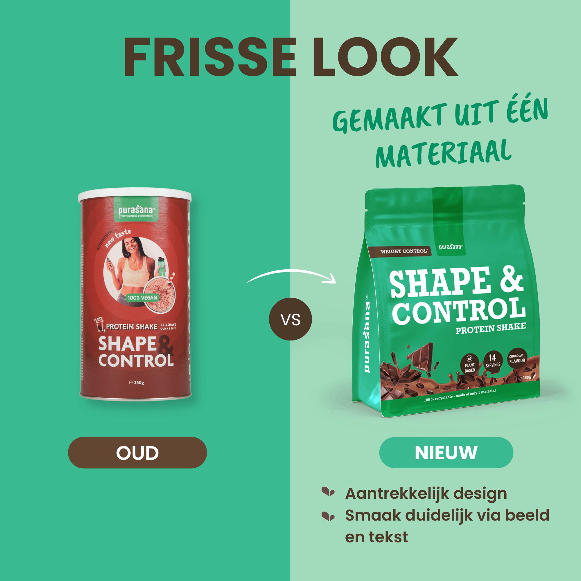 Purasana Shape & Control Proteineshake Chocolade blik, 350g. Met afbeelding van vrouw en tekst.