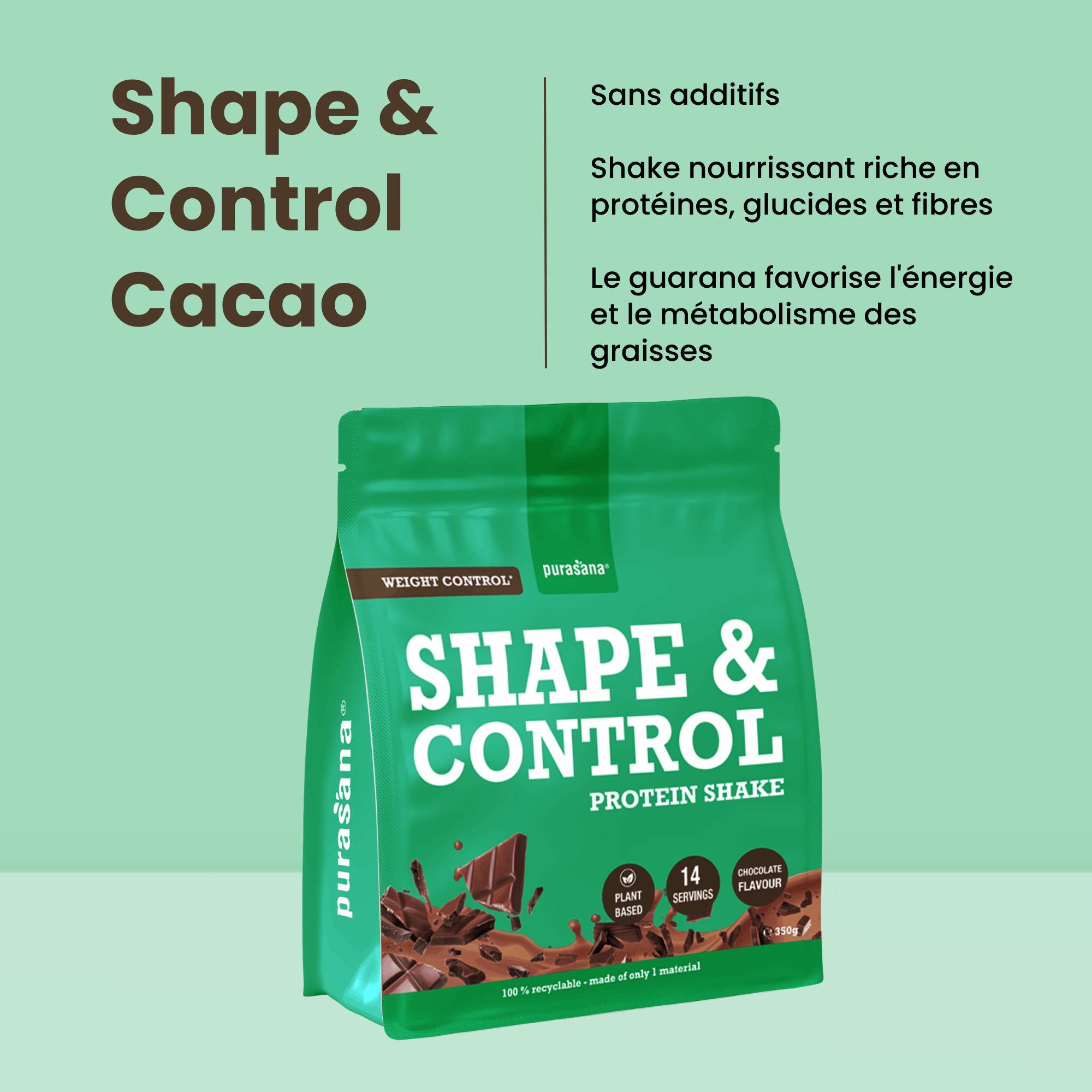 Boîte Purasana Shape & Control Shake Protéiné Chocolat, 350g. Avec image d'une femme et texte.
