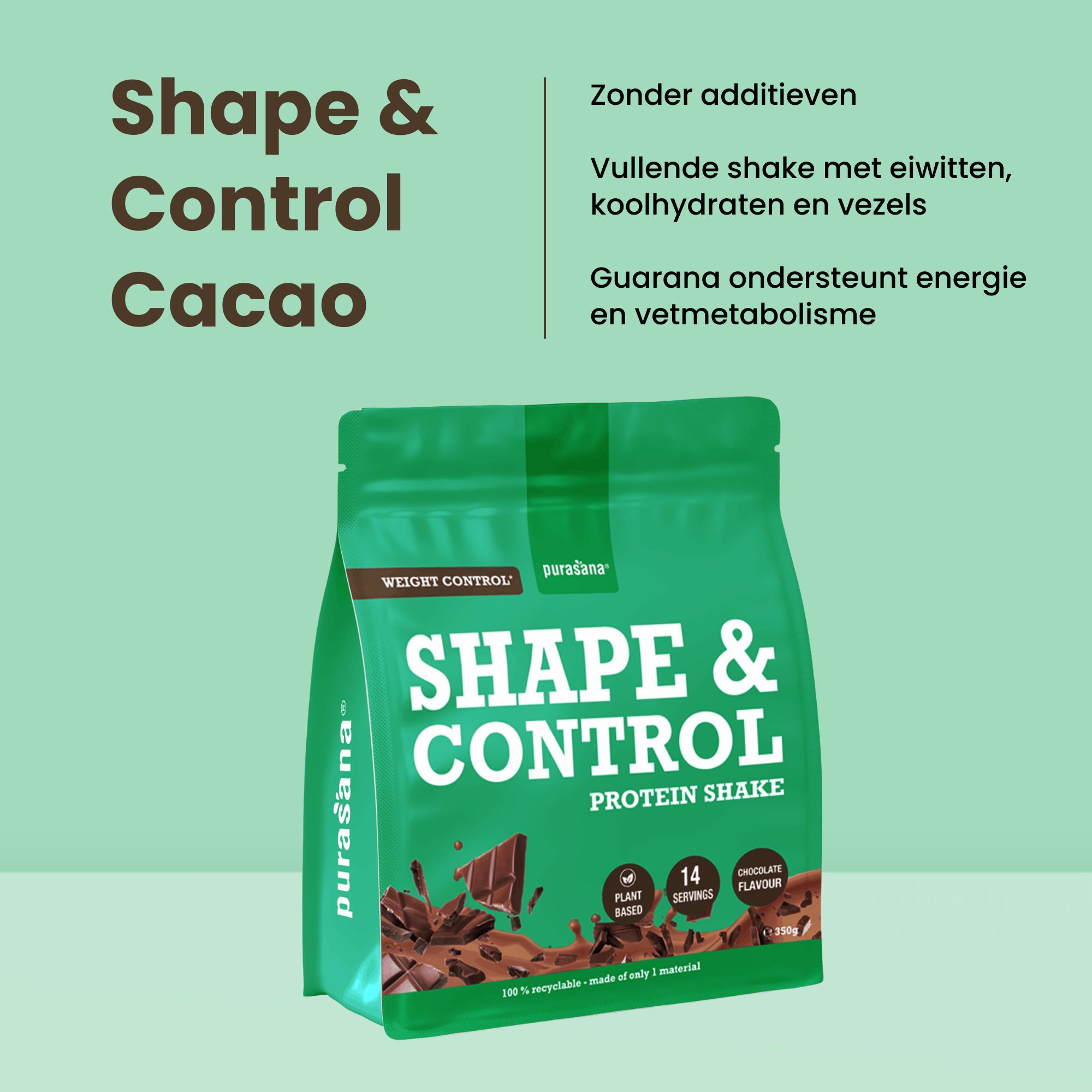 Purasana Shape & Control Proteineshake Chocolade blik, 350g. Met afbeelding van vrouw en tekst.