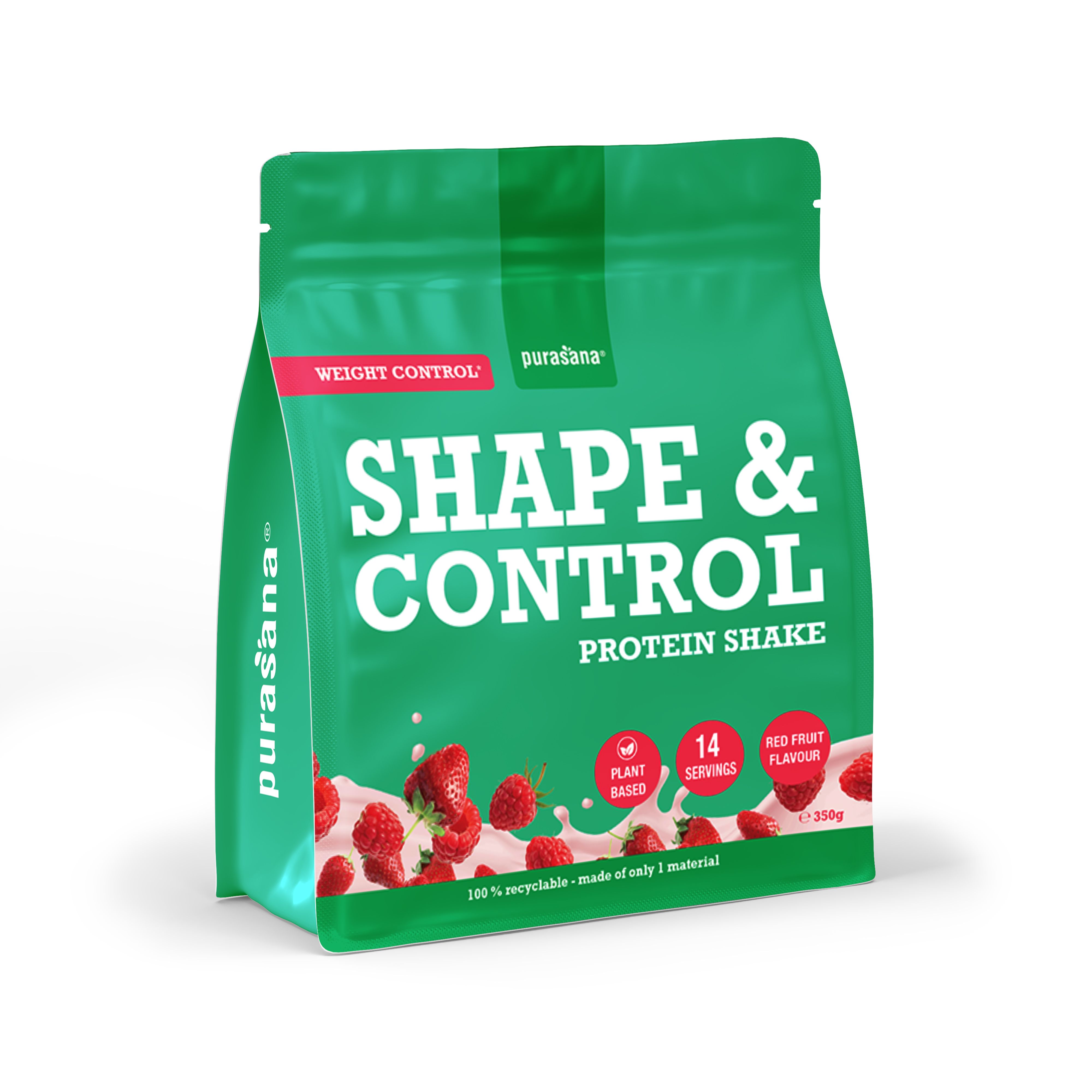 Purasana Shape & Control Protein Shake blik met aardbei-framboos smaak. 350g.