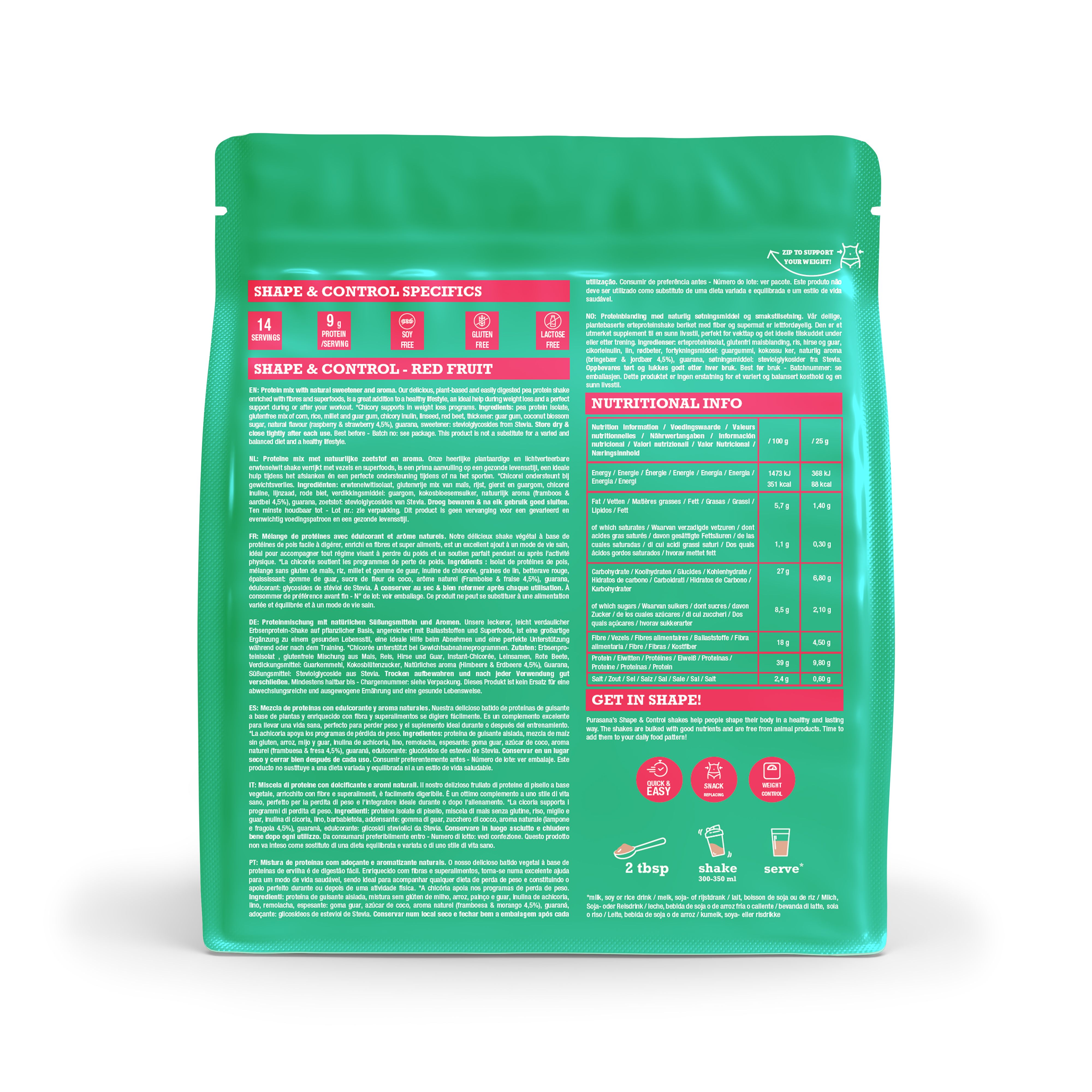 Achterkant van een Purasana Shape & Control Protein Shake blik met productinformatie.