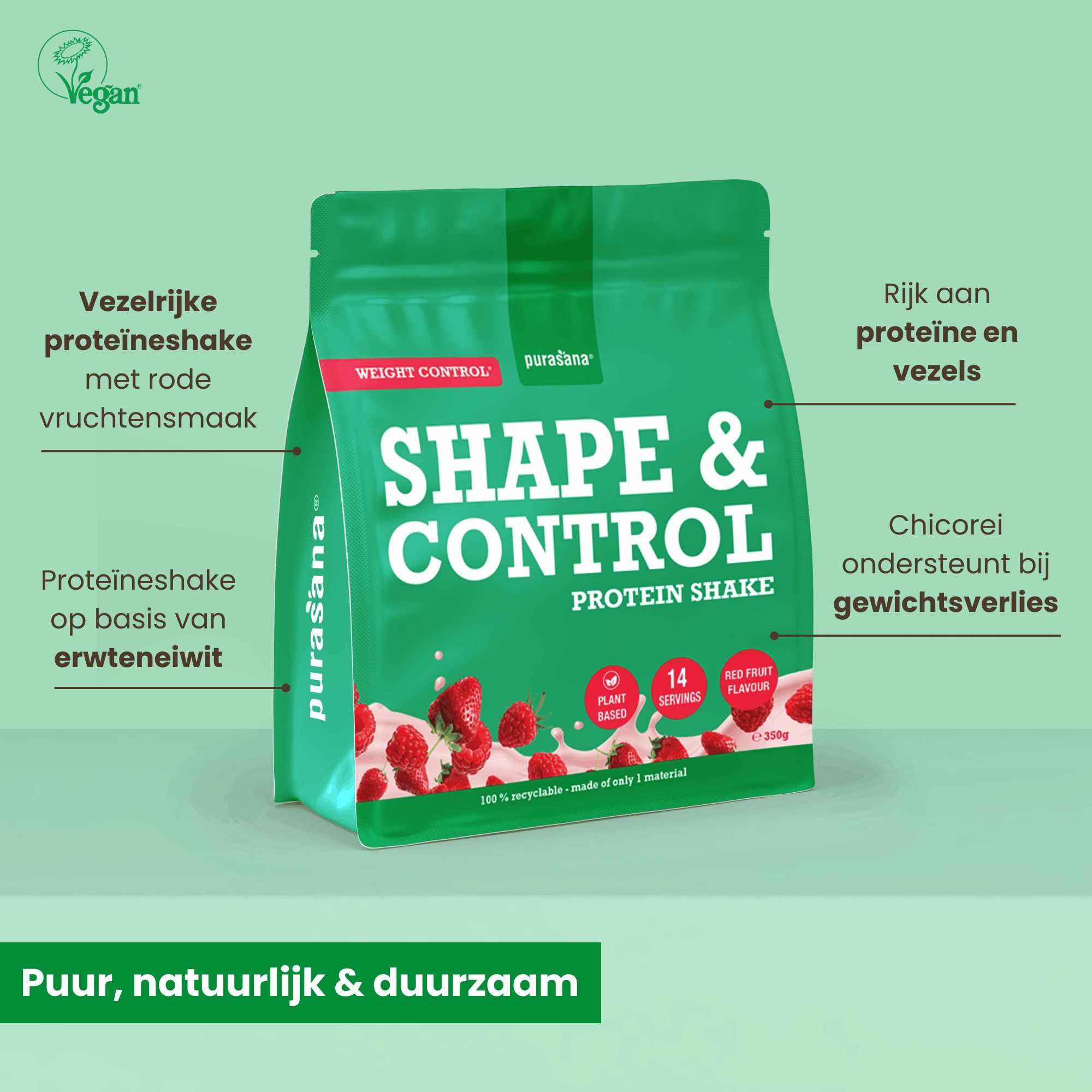Zijkant van een Purasana Shape & Control Protein Shake blik met voedingswaarden en iconen.